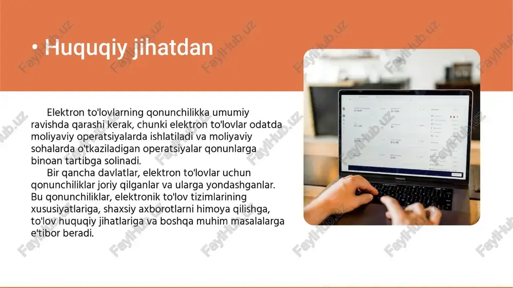 avfsiz tranzaksiyani ta'minlash uchun qoidalarga e'tibor berilishi kerak. bu qoidalarning maqsadi, mijozlar va kompaniyalar uchun to'lovlar, shartlar va shartlar bilan bog'liqg barcha ma'lumotlarni oshkor gilish va mijozlar ma'lumotlarini himoya gilishdir. bu qgoidalarning bir nechta turlari mavjud, masalan, pci dss (to'lov karta sanoati ma'lumotlari maxfiylik standartlari) va iso 27001 (mijozlarning maxfiylikni ta'minlash uchun ma'lumotlarni boshgarish sistemi). bu goidalarning yagona maqsadi, mijozlar va kompaniyalar uchun xavfsiz va xavfsiz tranzaksiyani ta'minlashdir. bu qoidalarning yagona magsadi, mijozlar va kompaniyalar uchun xavfsiz va xavfsiz tranzaksiyani ta'minlashdir. qoidalarning o'rnatilishi yordamida, mijozlar va kompaniyalar pul operatsiyalarini amalga oshirishda to'g'ri garor qabul gilishlari va bunday operatsiyalarni amalga oshirishda o'zlarini xavfsiz his qilishlari mumkin bo'ladi. masalan, mijozlar va kompaniyalar uchun to'lov tizimlari, xavfsiz shifrlash texnologiyalaridan foydalanish, kkompyuterlarning xavfsizligini ta'minlash uchun xavfsizlik dasturlarini o'rnatish, mijozlarning ma'lumotlarini xavfsiz saglash uchun maxsus serverlar o'rnatish va shunga o'xshash xavfsizlik tadbirlari qabul gilinadi. /docprops/thumbnail.jpeg elektron to'loviarni amaiga ‘oshirishning huquaiy asoslari