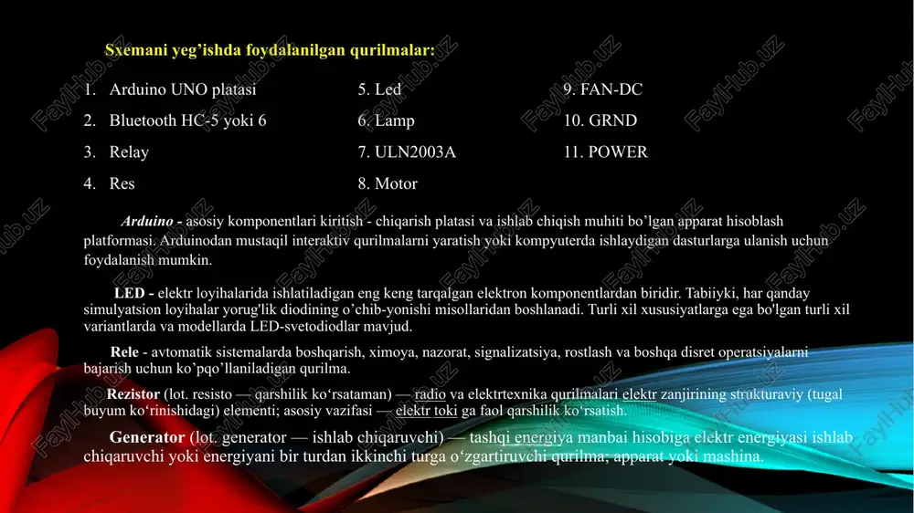 disalar xavfini yo'q qiladi. qurilma baxtsiz hodisalarning oldini olish va natijada odamlarning salomatligi va hatto hayotini saqlab qolish uchun kerak. piroelektrik sensor issiq ob'ektlarning harakatini suratga olish imkonini beradi: odamlar va hayvonlar. bunday sensorlar odam yaqinlashganda avtomatik ravishda eshiklar ochiladi. servo haydovchi - bu bitta paketdagi elektr motor, vites qutisi, qayta aloqa sensori va boshqaruv bloki. tiankongrc ts90a mikro servo drayveri 0 dan 180 ° gacha bo'lgan oraliqda berilgan burchakni o'rnatish va ushlab turish qobiliyatiga ega. xulosa xulosa o’rnida aytishim kerakki, men bu smart house loyihamda ko'plab qiziqarli bo'lgan ma'lumotlarga ega bo'ldim. loyihamda inson turmush tarzida qulay imkonyatlardan foydalanish hamda shu bilan birga inson hayoti havfsizligini ta'minlovchi elementlardan foydalandim. e’tiboringiz uchun rahmat! image2.png image1.png image3.png image4.png image5.png image6.png image7.png “made with tinkercad® ‘date 02062023 00-1531 ‘shect 1/1 goo (3 bunyod smart house [alp] a a aqge--- co faz =q ko > hauats monenuposahve kounowesrst ochoshbie nonck torenuomer konaencaton =m 0 …