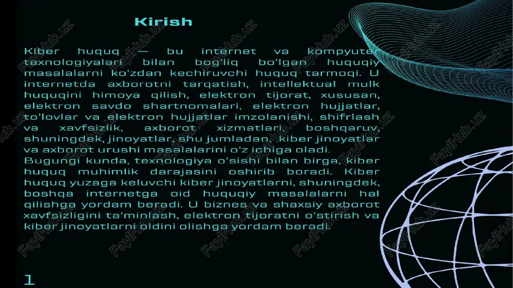 bal tarmog strukturasini ta'minlash uchun xalgaro standartlarni belgilaydi. icann shuningdek, internet protokollari, ip manzillari va dns tizimini nazorat giladi. asosiy xalgaro kiber huqugq shartnomalari va standartlar: 1. budapest konvensiyasi budapest konvensiyasi, rasmiy nomi bilan kiberjinoyatlar konvensiyasi, aynigsa, internetdagi jinoyatlar, shu jumladan, ma'lumotlarni o'g'irlash, kompyuter tizimlariga xizmat gilish va axborotni o'zgartirishga gqaratilgan. bu konvensiya kiber jinoyatlarga garshi kurashishning xalgaro asosini yaratadi. 2. uncitral elektron savdo bo'yicha model qonuni uncitral tomonidan yaratilgan elektron savdo bo'yicha model gonuni, elektron savdo uchun yuridik shartlarni belgilaydi. u, elektro asosiy xalgaro kiber huqugq shartnomalari va standartlar: 3. uncitral elektron imzolar bo'yicha model ss = qonuni s elektron imzolar bo'yicha uncitral model gonuni, elektron imzolar va elektron hujjatlarni yuridik ma'noda tan olishning asoslarini belgilaydi. u, elektron hujjatlarni yuridik ma'noda tan olish va elektron imzolar ishonchliligini ta'minlashda yordam beradi. 4 eu general data protection regulation (gdpr) gdpr, yevropa ittifogida faoliyat ko'rsatayotgan tashkilotlar uchun shaxsiy ma'lumotlarni himoya gilish standartlarini …