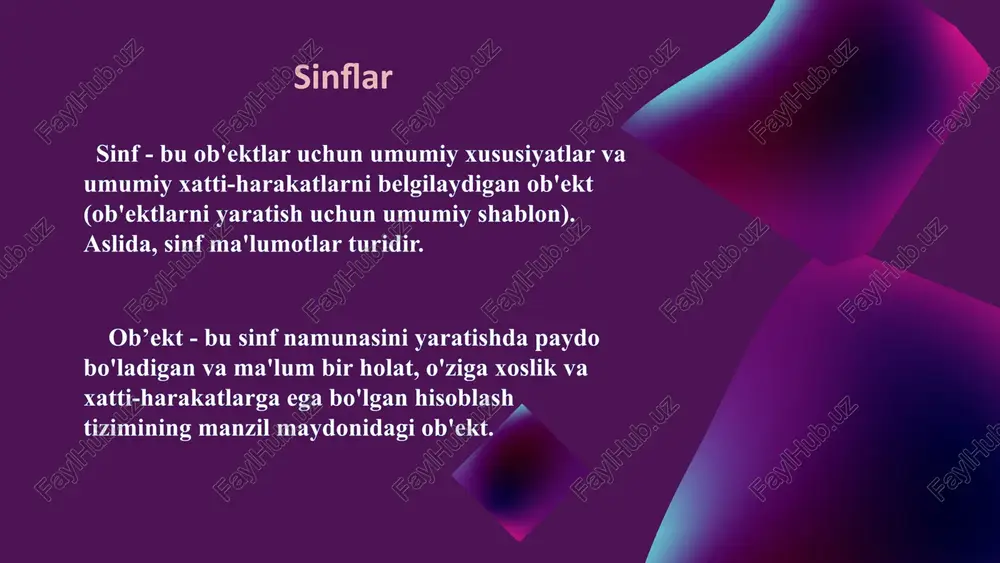 derivativ sinf a'zolari sifatida mavjud; “public" - meros "private“ - meros " protected“ - meros bir vaqtning o’zida bir nechta sinfdan voris olish mumkin. masalan, voris sinf derived ikkita base1 va base2 lardan voris olyapti. quyidagicha formada bir nechta sinfdan voris olish mumkin. class derived : public base-class1, public base-class2, … bir nechta sinflardan voris olish abastrakt sinf oop dagi abstrakat sinf - bu misollarni yaratishni o'z ichiga olmaydigan asosiy sinf. abstrakat sinf mavhum usullar va xususiyatlarni o'z ichiga olishi mumkin. abstrakat usul tavsiflangan sinf uchun amalga oshirilmaydi, ammo uning abstrakat bo'lmagan avlodlari uchun amalga oshirilishi kerak. abstrakt sinflar eng keng tarqalgan abstraktsiyalarni ifodalaydi, ya'ni eng katta hajm va eng kichik tarkibga ega. o'zgaruvchilar va atamalar ma'lumotlari; argument turlari; qaytariladigan qiymat funktsiyalari turlari; aniq o'zgarishlarning turlari. abstrakt sinflardan foydalanish cheklovlari abstrakt sinflarni quyidagi elementlar uchun ishlatish mumkin emas: image1.png image2.png image3.png image4.png image5.png image6.png image7.png image8.png image9.png image10.png image11.png image12.png …