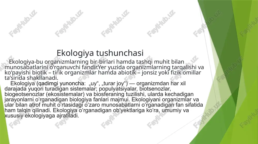 tadbirlari toʻgʻrisida”gi farmoni bilan mamlakatimiz ekologiya sohasida keng koʻlamli islohotlarni yanada chuqurlashtirish boʻyicha qator dolzarb vazifalar belgilab berildi. butun mamlakat miqyosida “yashil makon” umummilliy loyihasi doirasida daraxtlarni ekish va parvarish qilish sohasidagi boshqaruv tizimini takomillashtirish, ilmiy yondashuvlar asosida hududlarning tuproq-iqlim va boshqa xususiyatlarini aniqlashga qaratilgan tadqiqot va tahlillarni amalga oshirish hamda buning natijasida hududlar kesimida respublika xaritasini ishlab chiqish, koʻchatxonalar sonini koʻpaytirish shular jumlasidan. . xulosa “yashil makon” umumilliy loyihasining hayotga tatbiq etilishi tabiatni muhofaza qilish va ekologik muammolarning oldini olish borasida eng muhim dasturilamal boʻlmoqda. hech shubhasiz, yashil hududlarni kengaytirish, yashil maydonlar va jamoat parklarini tashkil etish atrof-muhitni koʻkalamzorlashtiribgina qolmay, balki atmosfera havosining ifloslanishi, tuproq erroziyasi, iqlim oʻzgarishi, ozon qatlamining yemirilishi va ayni paytdagi eng dolzarb muammolardan biri boʻlayotgan qum va chang boʻronlarining oldini olishda muhim ahamiyat kasb etadi. . foydalanilgan adabiyotlar 1.maqola 2.ekologik muammolari kitobi 3.oyna sayti . image1.jpeg image2.jpeg image3.jpeg ekologiya tushunchasini fanga birinchi bulib 1866 yilda …