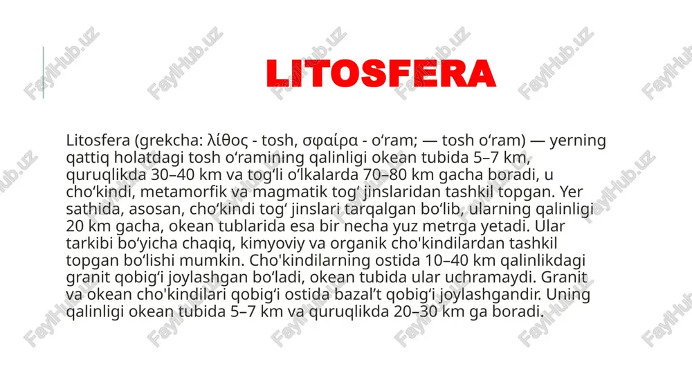 udasi, 5,430 ming tonna rux rudasi, 159,200 ming tonna tuz, 118,500 ming tonna fosforit va boshqalar qazib olingan. yirik metallurgiya sanoat korxonalari atrofida landshaftlarning oʻzgarishi, oʻsimliklarning qurib dashtga aylanishi yuz bergan, yevropa­da birinchi marta kalmiklar yerida 500 ming gektarli dasht paydo boʻlgan(u har yili 50 ming gektarga kengayib bormoqda). mutaxassislarning fikricha, xxi asrda quruqlikning 6/1 qismi kon, yoʻl va har xil inshootlar bilan band boʻladi. aholi sonining oshib borishi, qurilishlarning kengaiishi dehqonchilikka yaroqli yerlarning kamayishiga sabab boʻlmoqda. mutaxassislarning fikricha, xxi asrda yerlarning unumdorligini 3,5-4 % ga oshirilmasa, sayyoramizda yiliga 200 mln tonna don yetishmovchiligi holati yuz berishi mumkin. litosferaning ifloslanishining asosiy manbalari, mumkin bo'lgan oqibatlar va ifloslantiruvchi moddalarni yo'q qilishning zamonaviy usullari yerning ifloslanishi - yer yoki yer qa'rida tuproq yoki yer osti suvlarining yomonlashishiga olib keladigan qattiq yoki suyuq chiqindilarning to'planishi. natijada tabiatga bunday ta'sir aholi salomatligiga tahdid soladi va boshqa muammolarni keltirib chiqaradi. litosferaning ifloslanish manbalari quyidagilardan iborat: …
