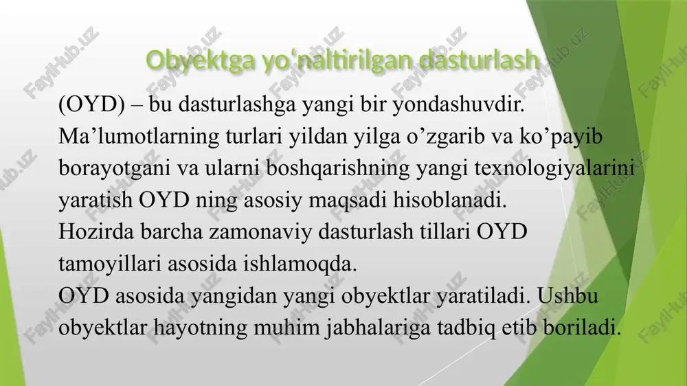 ar xususiyati bo’lmasdan, balki funksiyalar-a’zolar xususiyatidir. bu holatga funksiyalarni qayta yuklash deyiladi. polimorfizm amallarga ham qo’llanishi mumkin, ya’ni amal mazmuni (natijasi) operand (berilgan) turiga bog’liq bo’ladi. polimorfizmning bunday turiga amallarni qayta yuklash deyiladi. polimorfizm yana bir ta’rifi quyidagicha: polimorfizm – bu tayanch sinfga ko‘rsatkichlarning (murojaatlarning), ularni virtual funksiyalarini chaqirishdagi turli shakl (qiymatlarni) qabul qilish imkoniyatidir. c++ tilining bunday imkoniyati kechiktirilgan bog‘lanish natijasidir. kechiktirilgan bog‘lanishda chaqiriladigan funksiya-a’zolar adreslari programma bajarilishi jarayonida dinamik ravishda aniqlanadi. an’anaviy programmalash tillarida esa bu adreslar statik bo‘lib, ular kompilyasiya paytida aniqlanadi (oldindan bog‘lanish). kechiktirilgan bog‘lanish faqat virtual funksiyalar uchun o‘rinli. polimorfizm garchi int get_a() va void set_a(int_num) funksiyalari sinf_1 ichida e’lon qilingan bo’lsa ham, ular hali aniqlangani yo’q. funksiyani aniqlash uchun sinf nomi va «::» belgilarini yozish orqali amalga oshiriladi. bu yerda «::» – ko‘rish sohasini kengaytirish amali deyiladi. funksiya-a’zoni aniqlashning umumiy shakli quyidagicha: 1. :: ( ) 2. { 3. // funksiya tanasi 4. } …