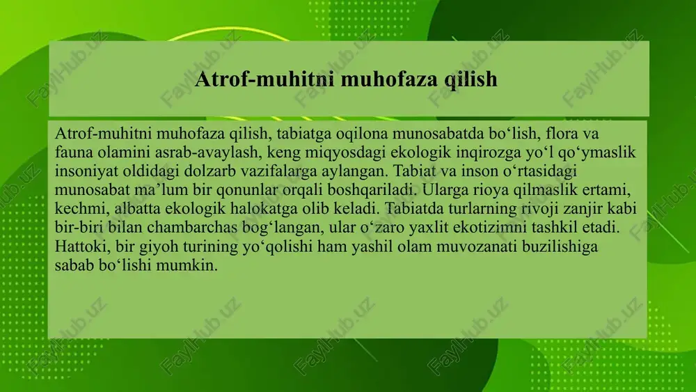 tasining amaldagi me’yoriy hujjatlariga amal qiladi. atrof-muhitni muhofaza qilish sohasidagi ichki nazorat “issiqlik elektr stansiyalari” aksiyadorlik jamiyatining atrof-muhitga ta’sir etishni nazorat qilish bo‘limi tomonidan amalga oshiriladi. bo‘lim faoliyatining asosiy maqsadi atrof-muhit va iqlim o‘zgarishiga elektr energiyasi ishlab chiqarish korxonalarining zararli ta’sirini kamaytirish bo‘yicha tadbirlarni tashkil etish, muvofiqlashtirish, ijrosini nazorat qilish va shu kabi vazifalarda ifodalanadi. o‘zbekiston respublikasi vazirlar mahkamasining 2021-yil 12-apreldagi 202-sonli “o‘zbekiston respublikasi hududida atrof tabiiy muhitni muhofaza qilishning iqtisodiy mexanizmlarini yanada takomillashtirish to‘g‘risida”gi qaroriga muvofiq “issiqlik elektr stansiyalari” aksiyadorlik jamiyatining elektr va issiqlik energiyasini ishlab chiqarish korxonalari atrof-muhitning ifloslantirilganligi uchun har choraklik kompensatsion to‘lovlarni amalga oshirishadi.so‘nggi yillarda investitsion dasturlar doirasida issiqlik elektr stansiyalarini rivojlantirish va modernizatsiya qilish bo‘yicha tabiatni muhofaza etish xarakteriga ega bo‘lgan salmoqli loyihalar amalga oshirilmoqdaki, ushbu loyihalar orqali energetika korxonalarining atrof-muhitga zararli ta’siri kamayishiga erishilmoqda barqaror rivojlanish va yashil energetika barqaror rivojlanish — bu hozirgi avlod ehtiyojlarini qondirgan holda, kelajak avlodlarning ham o‘z ehtiyojlarini qondira …