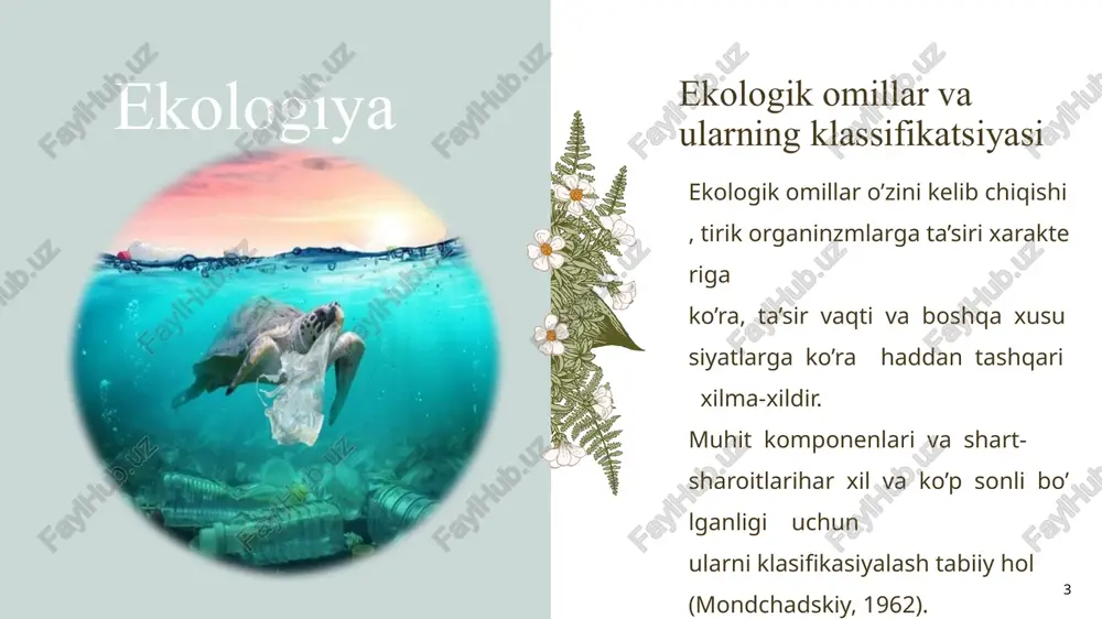 malarni mavjudligini asosi bo’lib hisoblanadi (misoluchun populyasiya individlarni soni, zichligi, biomassasi, ko’payish tezligi,tuxumlar soni va hokazolar). bundan kelib chiqqan holda bunday guruh omillarini quyidagilarga ajratish mumkin: birinchidan, individ va populchsiya darajasida genetik informasiyalar (bunday omillar ontogenoz, organizmlarning trofik bog’liqligi, ko’payish jadalligi, xulq xarakteri biosenosik va tabiiy tanlanish aniqlanishi mumkin); ikkinchidan, biosenosik sfera omillari bo’lib, ular ekosistema biotasining rivojlanishini xarakterlaydi (tirik organizining bir-biriga ta’sir formulalari). zagolovok prezentatsii 11 11 har qanday organizm boshqa tirik mavjudodlarni bilvosta yoki bevosta tasirida bo’ladi, ya’ni o’z turiga mansub bo’lgan va boshqa tur individlari bilan aloqada bo’li(o’simliklar va hayvonlar, mikroorganizmlar bilan) , ulardan bog’liq bo’lishi va ularga ta’sir qilishi. bunday xolat biotik omillarni quyidagicha ajratishimizga asos bo’la oladi: 1.fitogen omil-o’simliklarning ta’siri (bevosita va bilvosita). o’simliklarning bir-biriga bunday ta’siri ularning hamjihat yashovchanligiga katta ahamyatga ega, ya’ni boshqa tur o’simliklarni o’sishiga stimul yoki ingibitorlanuvchi xarakterli ta’sir o’tkazishi mumkin; 2. zoogen omil hayvonlarning ta’siri (oziqlanish, poymol qilish va boshqa …
