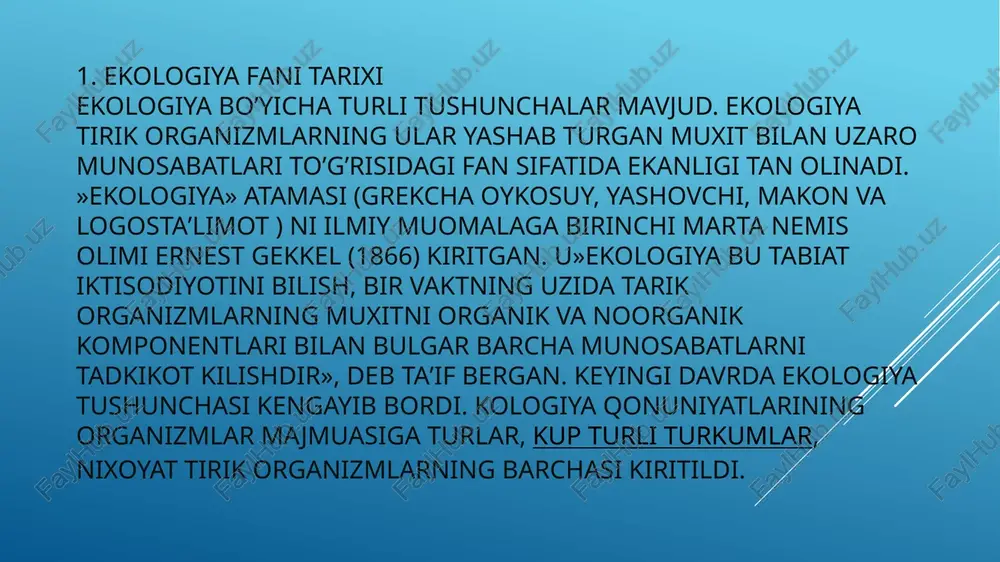 iya genetika, evolutsiya ta’limoti, sistematika, fiziologiya, etiologiya kabi biologik fanlar bilan chambarchas bog‘langan. ekologiya fanining o‘rganish predmeti tiriklikning har xil tuzi lish darajalari — organizm, tur, biogeotsenoz, biosfera darajalaridir. ekologiya fani quyidagi asosiy bo‘limlardan tashkil topadi: autekologiya. sinekologiya. evolutsion ekologiya. tarixiy ekologiya. /docprops/thumbnail.jpeg