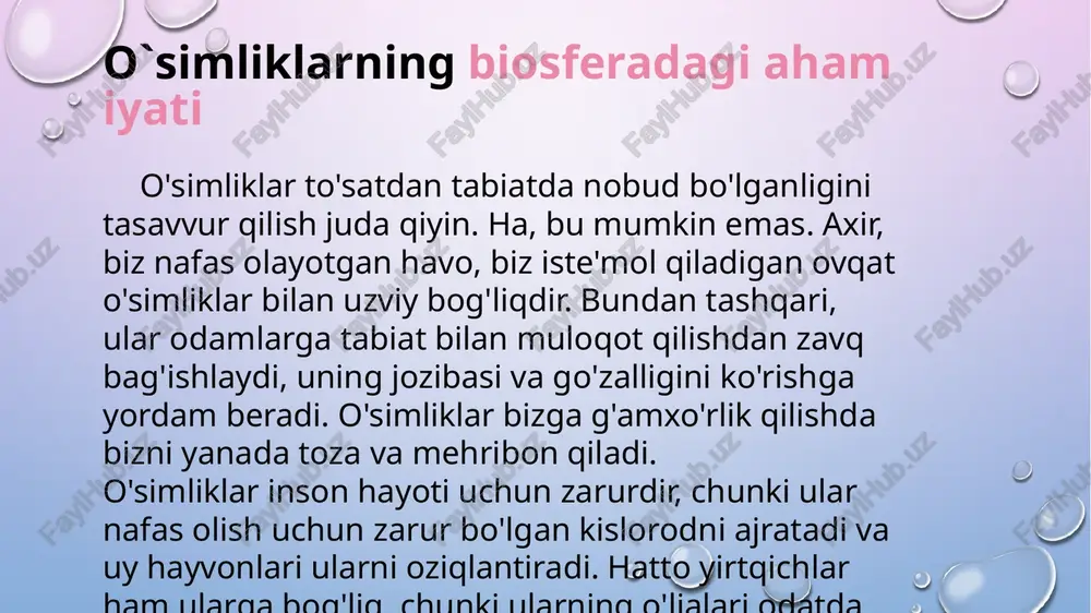 ar sanitariya, gigiena funktsiyalariga ega. ma'lumki, yashil bo'shliqlar zararli moddalarni atmosferadan, changdan yutadi, ular karbonat angidrid xonasini tozalaydi, havoni namlaydi, ionlashtiradi. ular ko'plab patogenlarni bostiradi, yo'q qiladi, chunki ular havoning bakteritsid energiyasini oshiruvchi maxsus moddalarni - uchuvchi moddalarni ajratib chiqaradilar. aynan shu moddalar tufayli havo bakteritsid xususiyatiga ega bo'ladi, shuning uchun u o'ziga xos tozalik va tazelikka ega. toza havo inson salomatligiga foydali ta'sir ko'rsatishini va hatto ko'plab kasalliklarni davolashda yordam berishini hamma biladi. o'simliklarning inson hayotidagi amaliy ahamiyati shunchalik muhimligini ta'kidlab o'tish kerak. bir necha asrlar davomida inson o'z ratsionida turli xil mevalar, barglar, ildizlar, gullar va ildiz sabzavotlaridan foydalangan. ko'p o'tlar foydali, xushbo'y ziravor sifatida ishlatiladi. o'simliklarsiz tibbiyot fanining rivojlanishi mumkin emas. ular terining terisi uchun mato ishlab chiqarish uchun zarurdir. ularning qismlaridan kiyim ishlab chiqarish uchun ishlatiladigan tolalar olinadi. ular paxta junini yasashadi, rezina ishlab chiqarishadi. va yog'ochning hal qiluvchi roli haqida cheksiz gapirish mumkin. u uylarni …
