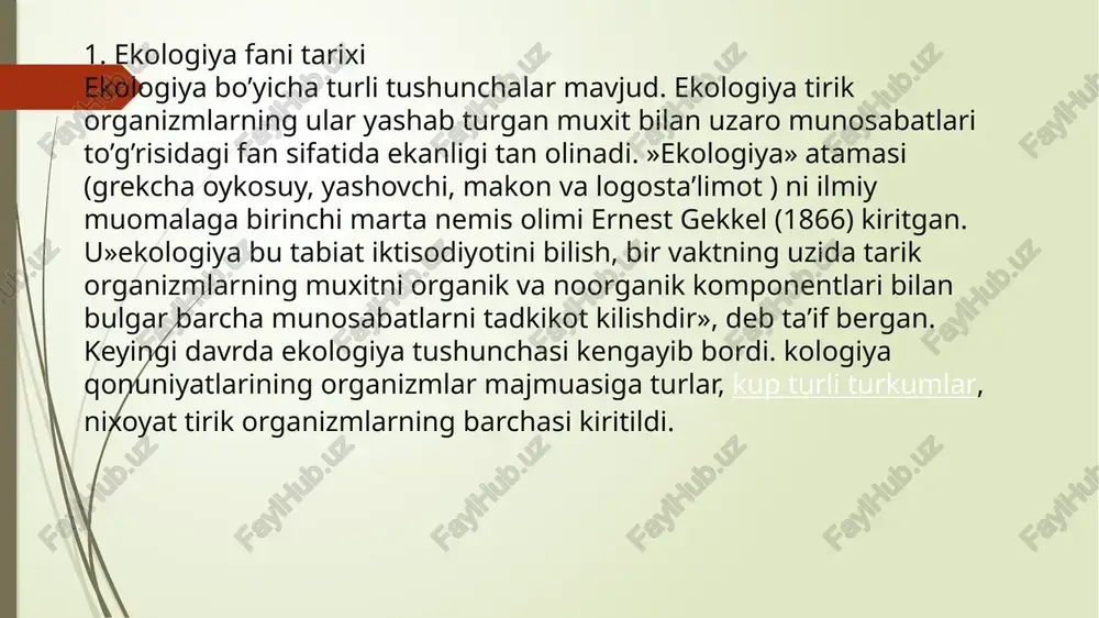 ya genetika, evolutsiya ta’limoti, sistematika, fiziologiya, etiologiya kabi biologik fanlar bilan chambarchas bog‘langan. ekologiya fanining o‘rganish predmeti tiriklikning har xil tuzi lish darajalari — organizm, tur, biogeotsenoz, biosfera darajalaridir. ekologiya fani quyidagi asosiy bo‘limlardan tashkil topadi: autekologiya. sinekologiya. evolutsion ekologiya. tarixiy ekologiya. /docprops/thumbnail.jpeg ekologiya ‘mustagil ish mavzu:ekologik monitoring va ekspertiza