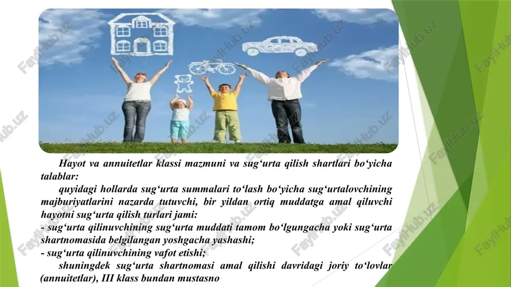 gan hayot sug‘urtasi bo‘yicha jami 1770356 dona shartnoma tuzilgan holda bu ko‘rsatkich 1994 yilda 406864 donaga kamaygan. shaxsiy sug‘urta shartnomasi tuzishda sug‘urta qildiruvchi bilan sug‘urtalovchi o‘rtasida quyidagilar to‘g‘risida kelishuvga erishilishi lozim: - sug‘urtalangan shaxs to‘g‘risida; - sug‘urtalangan shaxs hayotida yuz berishi ehtimol tutilib sug‘urta amalga oshirilayotgan voqea (sug‘urta hodisasi)ning xususiyati to‘g‘risida; - sug‘urta puli miqdori to‘g‘risida; - sug‘urta mukofotining miqdori va uni to‘lash muddati (muddatlari) to‘g‘risida; - shartnomaning amal qilish muddati to‘g‘risida. sug‘urtalanuvchining hayoti, sog‘lig‘i, mehnat qobiliyati bilan bog‘liq mulkiy manfaatlari shaxsiy sug‘urtaning ob’ekti hisoblanadi. sug‘urtalovchi va sug‘urtalanuvchilar hamda sug‘urtalangan shaxslar shaxsiy sug‘urta sub’ektlaridir. shaxsiy sug‘urta, odatda, fuqarolarni quyidagi xavf-xatarlardan himoyalanishini nazarda tutadi: · sug‘urtalanuvchining yoki sug‘urtalangan shaxsning vafot etishi; · mehnat qobiliyatini vaqtinchalik yo‘qotishi; · nafaqa yoshiga yetishi bilan fuqaroning faol mehnat faoliyatini tugashi. yuqorida qayd etilgan hamma holatlarda sug‘urta hodisasini ro‘y berishi sug‘urtalanuvchining yoki sug‘urtalangan shaxsning daromadini kamayishiga sabab bo‘ladi. lmiy-iqtisodiy adabiyotlarda shaxsiy sug‘urta turlicha tasniflanadi. mutaxassislar o‘rtasida …