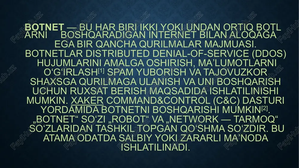 not. bu turdagi algoritmlar zararli dasturlarda ham, qonuniy dasturlarda ham mavjud boʻlishi, shuningdek, gadjet va qurilmalarga ham taʼsir qilishi mumkin. spayveyrlar tez-tez reklama bilan bogʻliq muammolarni keltirib chiqaradi. kompyuter texnologiyalari sohasida troya oti jumlasi foydalanuvchilarni oʻzining asl niyatidan chalgʻitgan holda ularning kompyuterlariga oʻrnashib oluvchi har qanday zararli dasturlarning umumiy taʼrifiga qoʻllaniladi. ushbu atama troya shahrining vayron boʻlishiga olib kelgan mashhur troya oti haqidagi qadimgi yunon hikoyasidan olingan. kompyuter qurti — bu boshqa kompyuterlarga tarqalish uchun oʻzini takrorlaydigan, mustaqil shu bilan birga zararli hisoblangan kompyuter dasturi. u koʻpincha oʻzini yoyish uchun kompyuter tarmogʻidan foydalanadi. u kompyutega kirish uchun yoʻl qoʻyilgan tizim xatolariga tayanadi. oʻzi oʻrnashib olgan ilk mashinadan boshqa kompyuterlarni skanerlash va ularga ham oʻzini yuqtirish uchun xosting(server) sifatida foydalanadi. qurt tomonidan egallangangan kompyuterlar boshqarilsa, qurt ushbu kompyuterdan turib, boshqa kompyuterlarni skanerlashda va zararlashda davom etadi. kompyuter qurtlari xost dasturlarisiz oʻzlarini nusxalash uchun rekursiv usullardan foydalanadilar va eksponensial oʻsish qonuni asosida …