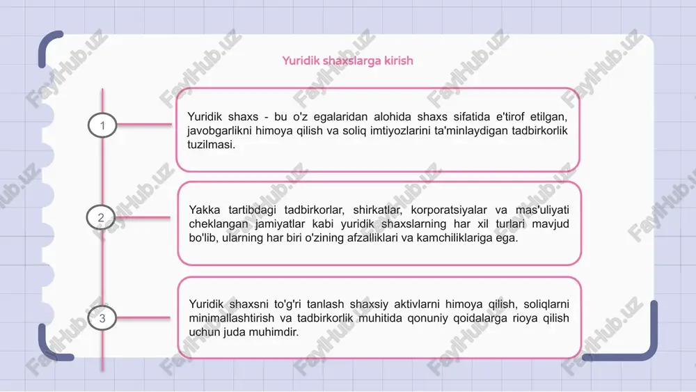 ni yaxshiroq rejalashtirish va muayyan xarajatlarni chegirib tashlash imkonini beradi, shu bilan birga kreditlar yoki investitsiyalarga ariza berishni osonlashtiradi. 1 2 3 yuridik shaxslarning kamchiliklari yuridik shaxsning asosiy kamchiliklaridan biri uni tashkil etish va qoidalarga rioya qilishni ta'minlash bilan bog'liq xarajatlardir. yana bir kamchilik - qog‘ozbozlik va byurokratiyaning kuchayishi, bu esa kichik biznes uchun ko‘p vaqt talab qiluvchi va og‘ir bo‘lishi mumkin. nihoyat, yuridik shaxslarga ham ma'lum cheklovlar va cheklovlar qo'yilishi mumkin, bu esa biznes uchun moslashuvchanlik va qarorlar qabul qilishga to'sqinlik qilishi mumkin. yuridik shaxs va yakka tartibdagi tadbirkorlik yuridik shaxs va yakka tartibdagi tadbirkor o'rtasida tanlov qilishda javobgarlik, soliqlar va qoidalardagi farqlarni tushunish muhimdir. yuridik shaxslar shaxsiy va biznes aktivlarini ajratib, cheklangan javobgarlikni himoya qilishni taklif qiladilar. yakka tartibdagi tadbirkorlar qarzlar va da'volar uchun cheksiz shaxsiy javobgarlikka ega. mchj va korporatsiyalar kabi yuridik shaxslar ko'proq soliq imtiyozlariga ega va investorlarni jalb qilishi mumkin, yakka tartibdagi tadbirkorlar esa soddaroq …
