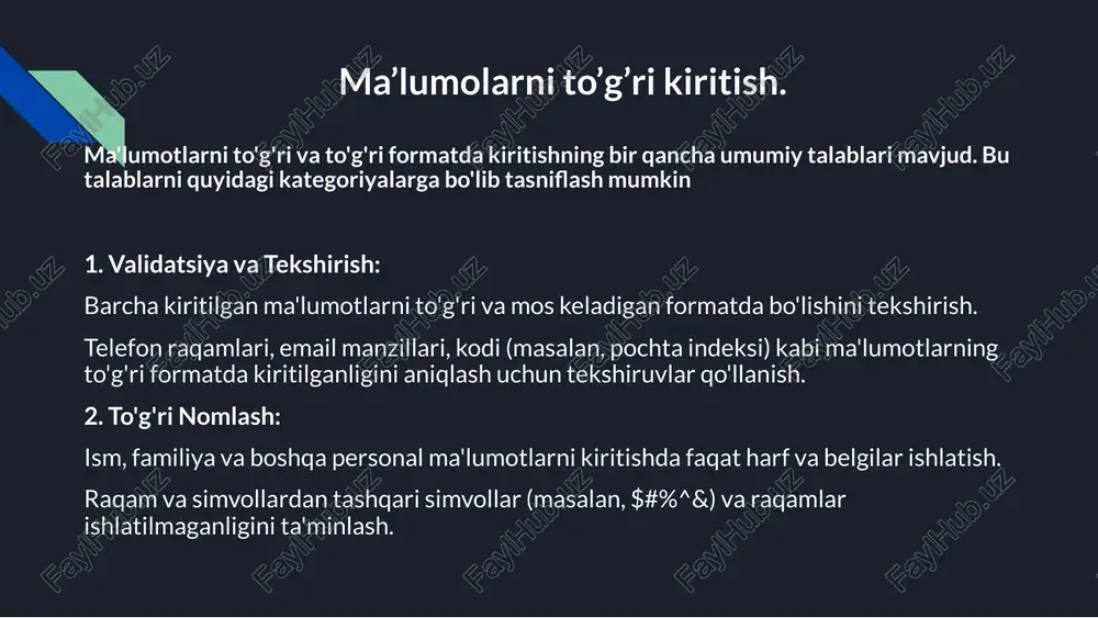 s ishtirok etish: veb saytingizda ma'lumotlarni yuborish uchun https protokolini ishtirok eting. https orqali ma'lumotlarni shifrlash, foydalanuvchilar uchun xavfsiz muhit yaratish uchun juda muhimdir. shifrlash algoritmlari: ma'lumotlarni shifrlashda ishlatiladigan algoritmlarni diqqat bilan tanlang. yaxshi mashhur shifrlash algoritmlari: aes (advanced encryption standard) va rsa (rivest–shamir–adleman). maxfiy kalitlar: maxfiylik kalitlarini (encryption keys) muhafaza qiling. maxfiy kalitlar kuchli va xavfsiz bo'lishi uchun xavfsiz joyda saqlanishi kerak. kalitlarni mo'ljallangan joyda saqlab turish uchun "key management systems" (kms)dan foydalaniladi. ma'lumotlarni hashlash: ma'lumotlarni shifrlashdan avval ularni "hash" qilish mumkin. hash, ma'lumotlar urnig'i to'g'risida ma'lumot beradi, lekin bu ma'lumotlarni asl ma'lumotlarini topishga imkon bermaydi. bu usul, ma'lumotlarni qo'llab-quvvatlash va sinovdan o'tqazish uchun foydalaniladi. ma'lumotlarni qo'llash jarayonini tekshirish va to'g'ri ishlov berish uchun testlardan foydalanish juda muhimdir. bu testlar, ma'lumotlarni to'g'ri kiritish, o'qish, yozish, o'zgartirish va o'chirish jarayonlarini tekshirish uchun mo'ljallangan. quyidagi kuchli texnikalar va testlar orqali ma'lumotlarni tekshirish mumkin: funksional testlar: ma'lumotlar bazasining har bir funksiyasini test …
