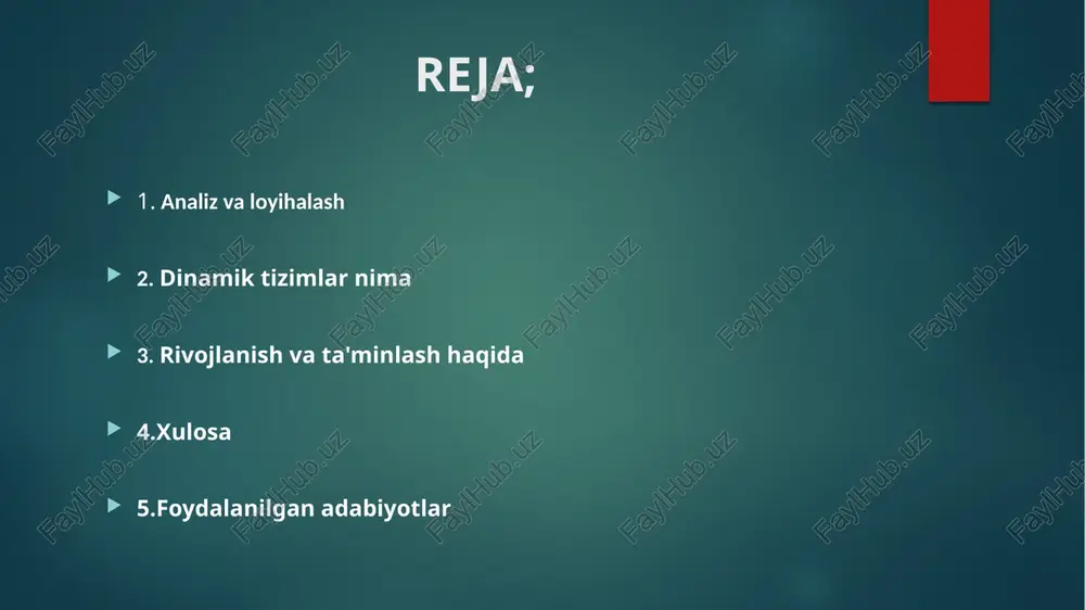 erishishning yo'llarini belgilaydi. strategiya, tashkilotning faoliyatini tahlil qilish, tashkilotning imkoniyatlarini va qo'llanmalarni belgilash, bozor va halqaro muhitni o'rganish, istiqbollarni va tashkilotning rivojlanish yo'nalishlarini aniqlash asosida shakllanadi. strategiya, tashkilotning ish faoliyati, bozor bilan hamkorlik, mahsulotlarni tartibga solish, xarajatlar va daromadlar, kadrlar va boshqaruv va boshqa muhim masalalarni o'z ichiga oladi. konseptsiya va strategiya, tashkilotning maqsadlarini, vazifalarini va rejalarni belgilaydigan asosiy elementlar hisoblanadi. konseptsiya, tashkilotning umumiy tushunchasini va identifikatsiyasini ifodalaydi, strategiya esa tashkilotning maqsadlariga erishishning yo'llarini, rejalarni va qo'llanmalarni belgilaydi. bu ikki element tashkilotning faoliyatini o'rganish, rivojlantirish va muvaffaqiyatga erishishda muhim ahamiyatga ega bo'ladi. analiz va loyihalash, bir proyektni yoki tizimni tahlil qilish va uni boshqarishga oid jarayonlardir. bu jarayonlar, proyekt yoki tizimning talablari, qo'llaniladigan resurslar va muhitni o'rganish, tahlil qilish, rejalashtirish va boshqarishni o'z ichiga oladi. analiz va loyihalashning asosiy bosqichlari quyidagilardan iborat bo'ladi: analiz: analiz jarayoni, proyekt yoki tizimning o'zgaruvchanlarni va talablarni tahlil qilishni o'z ichiga oladi. bu bosqichda, o'zgaruvchanlarni …