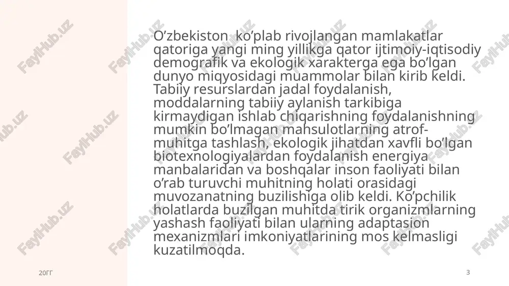 fosfat korxonasidan chiqadigan chiqindilarini zararsizlantirish, ulardan oqilona va samarali foydalanish usullaridan biri – ulardan kompostlar tayyorlash hamda qishloq xo`jalik ekinlari yetishtirishda ishlatishdir. kimyoviy moddalar tavsifnomasi. inson, qolaversa barcha jonivorlar olami yashayotgan atrof muhit, tabiiy hodisalar, jumladan vulqonlar, zilzila, metioritlar tushishi, to'fon, dovul, yong'inlar, qurg'oqchilik, shuningdek bevosita inson faoliyatlari natijasida atrof muhit ifloslanishi kuzatiladi. atrof muhitni tabiiy va antropogen ifloslanishi asosan kimyoviy moddalar ishtirokida kuzatiladi. insonning tabiatga etkazgan salbiy ta'siri natijasi fan-texnika inklobi davrida, ayniqsa, avj oldi. ilmiy texnika yutuqlari asosida zavod va fabrikalar rivojlanishi, qishloq xujaligining tiklanishi xalq xujaligining o'sishiga olib kelishi bilan bir qatorda tabiiy boyliklarining isrof bo'lishiga, chiqndilar bilan atrof-muhitni ifloslanishiga olib keldi. 11 20gg zagolovok prezentatsii 12 atrof-muhitni ifloslantiruvchi moddalar asosan kimyoviy moddalar hisoblanadi. ularni biz asosan ikki katta guruxga bo'lamiz: atrof-muhitni ifloslantiruchi kimyoviy moddalar va kimyo sanoati korxonalari tamonidan ishlab chiqariladigan kimyoviy preparatlar. hozirga qadar er qaridan 100 mlrd. tonnadan ortiq ko'mir, neft, torf kabilar qazib …