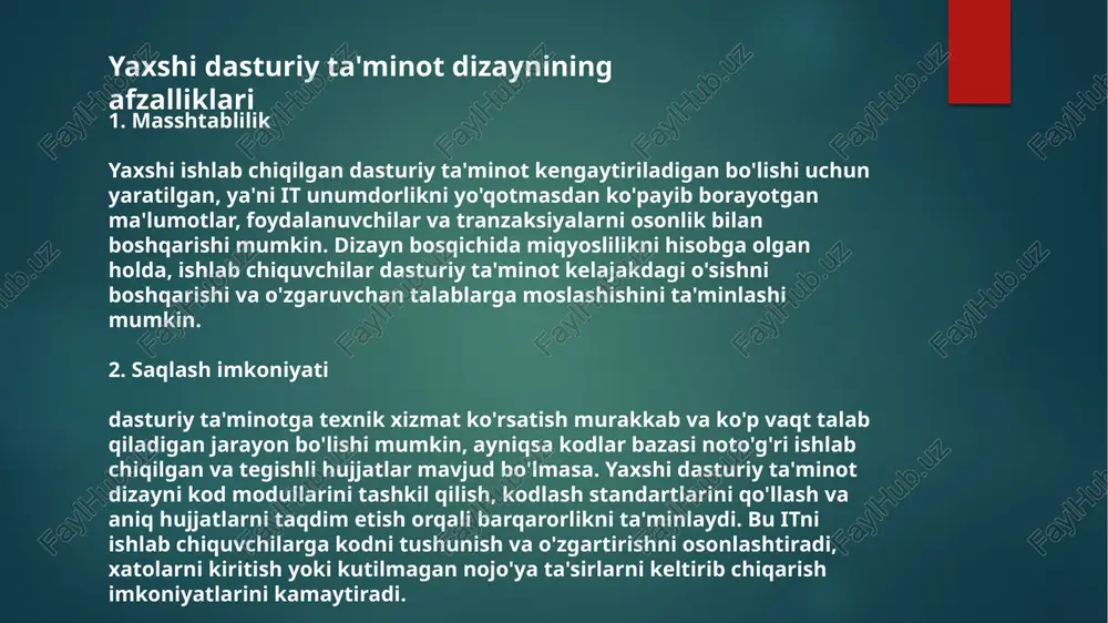 iyalarni, foydalanuvchi kutganlarini va potentsial cheklovlarni aniqlashga yordam beradi. to'g'ri rejalashtirish va talablarni to'plash samarali dasturiy ta'minot dizayni uchun asos yaratadi. 2. dizayn naqshlariga rioya qiling dizayn naqshlari umumiy dasturiy ta'minotni loyihalash muammolari uchun o'rnatilgan echimlardir. dizayn naqshlaridan foydalangan holda, ishlab chiquvchilar tasdiqlangan kontseptsiyalar va keng miqyosda qabul qilingan va sinovdan o'tgan eng yaxshi amaliyotlardan foydalanishlari mumkin. dizayn naqshlari kodni qayta ishlatish, barqarorlik va modullikni targ'ib qiladi. 3. hamkorlikni rag'batlantirish dasturiy ta'minot dizayni yolg'iz ish emas. at loyihaning maqsadlari va muammolarini aniqlash va hal qilish uchun ishlab chiquvchilar, dizaynerlar va boshqa manfaatdor tomonlar o'rtasida hamkorlikni talab qiladi. ochiq muloqot va hamkorlikni rag'batlantirish orqali ishlab chiquvchilar turli nuqtai nazarlardan foyda olishlari mumkin, bu esa dasturiy ta'minotni loyihalashning yanada yaxshi yechimlariga olib keladi. 4. hujjatlarni loyihalash bo'yicha qarorlar muvaffaqiyatli dasturiy ta'minot dizayni uchun aniq hujjatlar juda muhimdir. ishlab chiquvchilar jarayon davomida qabul qilingan dizayn qarorlarini, shu jumladan me'moriy tanlovlarni, algoritmlarni va foydalanilgan …