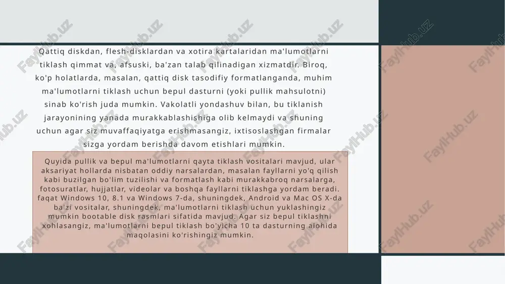 n birga, tajribadan xulosa qilishim mumkinki, dastur "standart" algoritmlardan farq qiladigan ishlardan foydalanadi va shuning uchun natija boshqa mahsulotlarga qaraganda yaxshiroq (yoki yomonroq) bo'lishi mumkin. ammo mening tajribamda dastur ma'lumotlarni qayta tiklash vazifasini yaxshi bajara oladi. dastlab photorec faqat buyruq satri interfeysida ishladi, bu yangi kelganlarni qo'rqitadigan omil bo'lib xizmat qilishi mumkin edi, ammo 7-versiyadan boshlab photorec uchun gui (grafik foydalanuvchi interfeysi) paydo bo'ldi va dasturdan foydalanish ancha osonlashdi. grafik interfeysda bosqichma-bosqich tiklanish jarayonini ko'rishingiz mumkin, shuningdek, dasturni materialdan bepul yuklab olishingiz mumkin: photorec-da ma'lumotlarni tiklash. r-studiya - ma'lumotlarni qayta tiklashning eng yaxshi dasturlaridan biri ha, haqiqatan ham, agar maqsad turli xil drayverlardan ma'lumotlarni tiklash bo'lsa, r-studio ushbu maqsadlar uchun eng yaxshi dasturlardan biri, ammo u to'langanligini ta'kidlash kerak. rus tilida interfeys mavjud. shunday qilib, ushbu dasturning xususiyatlari haqida bir oz ma'lumot: qattiq disklar, xotira kartalari, flesh-disklar, disketalar, cd va dvd-lardan ma'lumotlarni tiklash raid-ni tiklash (shu jumladan raid 6) buzuq …