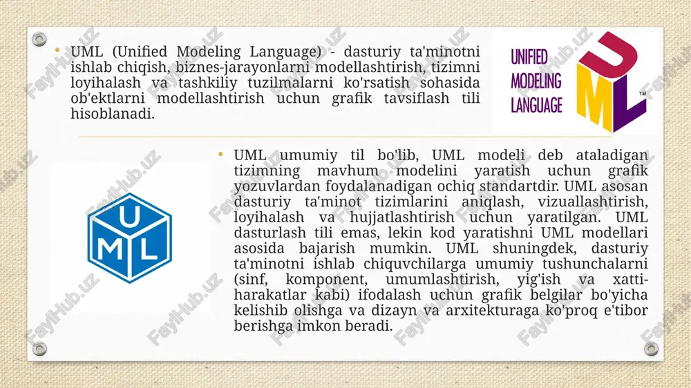 masi komponent diagrammasi kompozit/kompozit tuzilma diagrammasi hamkorlik diagrammasi (uml2.0) joylashtirish diagrammasi obyekt diagrammasi paket diagrammasi profil diagrammasi(uml2.2) xulq-atvor diagrammasi (behavior diagrams) esa 4 qisimdan tashkil topgan : behavior diagrams: activity diagram state machine diagram use case diagram interaction diagrams: communication diagram (uml2.0) / collaboration (uml1.x) interaction overview diagram (uml2.0) sequence diagram timing diagram (uml2.0) xulq-atvor diagrammasi: faoliyat diagrammasi davlat diagrammasi foydalanish holatlari diagrammasi o'zaro ta'sir diagrammasi: aloqa diagrammasi(uml2.0) / hamkorlik diagrammasi (uml1.x) o'zaro ta'sirning umumiy diagrammasi(uml2.0) ketma-ketlik diagrammasi sinxonizatsiya diagrammasi(uml2.0) sinf diagrammasi sinf diagrammasi (class diagram) - tizimning strukturasini tavsiflovchi, tizim sinflarini, ularning atributlarini, usullarini va sinflar orasidagi bog'liqlikni ko'rsatadigan statik strukturaviy diagramma. sinf diagrammalarini tuzishda ulardan foydalanish maqsadlariga qarab turli xil qarashlar mavjud: kontseptual nuqtai nazar - sinf diagrammasi mavzu sohasining modelini tavsiflaydi, u faqat qo'llaniladigan ob'ektlar sinflarini o'z ichiga oladi; spetsifikatsiya nuqtai nazaridan - sinf diagrammasi axborot tizimlarini loyihalashda qo'llaniladi; amalga oshirish nuqtai nazari - sinf diagrammasi to'g'ridan-to'g'ri …