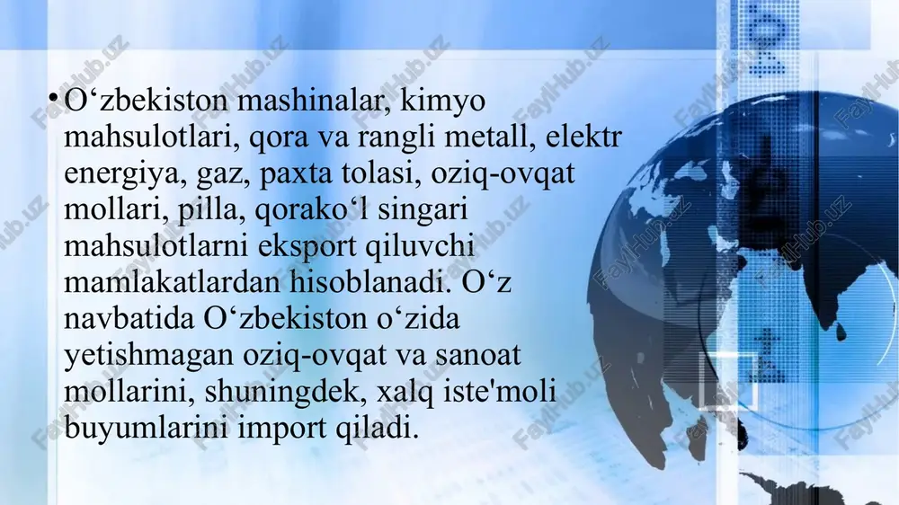 o‘stligi (yih), islom konferensiyasi tashkiloti (ikt) va boshqa xalqaro tashkilotlar shular jumlasidandir. topshiriqlar 1. mavzuni o`qish 2. yozuvsiz xaritadan o`zbekistonning iqtisodiy xaritasini bo`yash (shartli belgi bilan birga) 3. 83-rasmni chizib kelish 4. muhim ma’lumotlarni yozish image1.png image2.jpg image3.jpg image4.jpg image5.jpg image6.jpg image7.png image8.jpg image9.png image10.jpg image11.png image12.jpg image13.jpg image14.jpg image15.jpg image16.png image17.jpg image18.jpg termiz davlat pedagogika instituti po 7 @ ae iii lala | » lili ip. } uzbekistan flag, vector illustration on a white background vectorstock.com/22690035 ‘kchopt mix bounka xopwx wapnataapu 92.0 wmmopt bounka xopwx wapnatsapu 68.7 tlaxta tomact osnk-obkat maxcyornapht kuné ba mmactmacca maxcysormapit kopa ba pax metammap mamma ba yckyhamap boukasap b b oo a g a oo xipmatmap a t\ eksport import h@ xitoy 6.0 %| -@ xitoy 2" os: ss: |g i, 28% lq oozoe'iston a 7.8 % repost a 9.5% +@turkiya 6,2 9% h® owz08" [ear l@ate‘onision 4.3 % hq torkiys ne s.2% dew …