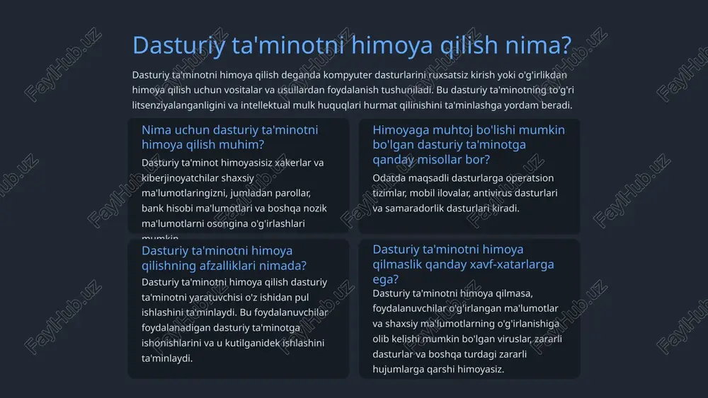 ish orqali ishlaydi. keyin u aniqlangan zararli dasturlarni karantinga qo'yadi yoki o'chiradi. eng yaxshi antivirus dasturini qanday tanlash mumkin? antivirus dasturini tanlashda e'tiborga olish kerak bo'lgan omillarga narx, xususiyatlar va obro' kiradi. xarid qilishdan oldin sharhlarni o'qing va turli xil variantlarni solishtiring. bepul antivirus dasturi samaralimi? bepul antivirus dasturi asosiy himoyani ta'minlashi mumkin, ammo u pullik dasturiy ta'minotning barcha xususiyatlarini taqdim etmasligi mumkin. ikkala variantning afzalliklari va kamchiliklarini tortish muhimdir. nima uchun antivirus dasturlarini yangilab turish muhim? yangi tahdidlar va zaifliklar bilan tanishish uchun antivirus dasturlari muntazam ravishda yangilanib turishi kerak. dasturiy ta'minotni yangilamaslik kompyuteringiz va ma'lumotlaringizni hujum xavfi ostida qoldirishi mumkin. 6 faervollar faervol - bu oldindan belgilangan xavfsizlik qoidalari asosida kiruvchi va chiquvchi tarmoq trafigini kuzatuvchi va nazorat qiluvchi tarmoq xavfsizlik tizimi. u ishonchli tarmoq va ishonchsiz tarmoq, masalan, internet o'rtasida to'siq bo'lib xizmat qiladi. xavfsizlik devoridan foydalanishning qanday afzalliklari bor? xavfsizlik devorlari xakerlarning kompyuteringizga kirishini oldini oladi, …