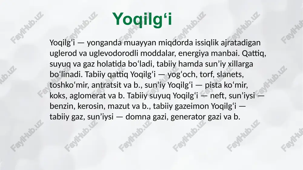 di. add your title here click add this section keywords detailed description of the contents of this paragraph oldini olish va boshqarish choralari: toza energiya manbalariga o'tish: quyosh, shamol, gidro va boshqa qayta tiklanuvchi energiya manbalaridan foydalanish ifloslanishni kamaytiradi. chiqindilarni filtrlash: sanoat korxonalarida gazlarni filtr orqali tozalash uskunalarini o'rnatish. energiyani tejash: transportda va sanoatda yoqilg'idan samarali foydalanish bilan chiqindilar miqdorini kamaytirish mumkin. add your title here click add this section keywords detailed description of the contents of this paragraph foydalanilgan adabiyotlar: i. i.a. karimov. jahon moliyaviy-iqtisodiy inqirozi. 0‘zbekiston sharoitida uni bartaraf etishning yo‘llari va choralari. — t.: «0‘zbekiston», 2010. 2 .1.a. karimov. 0 ‘zbekiston xxi asr bo‘sag‘asida: xavfsizlikka tahdid, barqarorlik shartlari va taraqqiyot kafolatlari. - t.: 0 ‘zbekiston, 1997. 3. ergashev a.e., ergashev g.a. inson ekologiyasi. — t.: fan, 2009. 10 image1.png image2.png