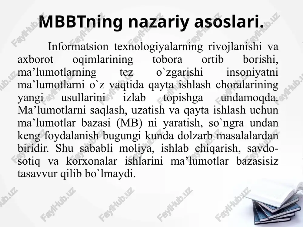 t (, rivojlanmogda — obyektga yo'naltirilgan, mantigi fkrlash mb izlash va saqlash te texnologiyasi ‘— @ namoyon bo'lmogda — tadqigot natijalarini rivojlantirishga ta'siri /docprops/thumbnail.jpeg 9- modul. ma'lumotlar bazasine ‘boshqarish tizimlarl