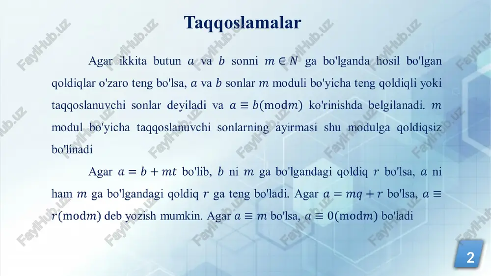 n),c)26 = 1(mod7), d) 3m = 1(modm) 13. x = 7(mod5) taqgoslamani qanoatlantiruvchi x ning barcha qiymatlarini toping. 14. butun koeffitsiyentli f(x, y,z) = ax? + bx*y + cxyz + dz ko'phad argumentlarining qiymatlari berilgan modul bo'yicha taqgoslanuvchi bo'lsa, u holda ko'phad qiymatlari ham shu modul bo'yicha taqqoslamuvehi bo'lishini isbotlang. ‘1(mod10) bo'lishini isbotlang, bu 15.agar 3" = —1(mod10) bo'lsa, unda 3"** yerda n - natural son. 16.25" — 1 soni 31 ga bo'linishini isbotlang, bu yerda n-natural son. 17. agar x = 3n+1,n = 0,1,2,... bolls, 1 + 3* + 9 soni 13 ga bo'linishini isbotlang. 18.(a +b)? = a” + b?(modp) o'rinli bo'lishini isbotlang. 19. agar a = b(modp") bo'lsa, a” = b? (modp"**) ekanligini isbotlang. 20. agar ax = bx(modm) bollsa, u holda a = b (moa) ekanligini isbotlang. 21. @4y = o bollganda gra = a, deb hisoblab, agar za5a;q; = 0(mod33) bollsa, uholda a, + 2d; …