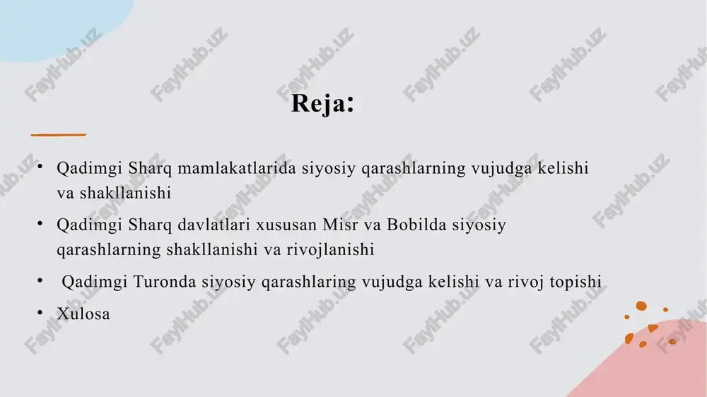 osiy qarorlar jarayonida diniy rituallarning muhimligini ta'kidlaydi. 4 ijtimoiy strukturalar misr va bobilda ijtimoiy tuzilmalar, diniy va madaniy an'analarga asoslangan bo'lib, siyosiy idora va fuqarolar o'rtasidagi munosabatlarni belgilab berdi. qadimgi turondagi siyosiy tizimlar: tarixiy kontekst va rivojlanish yo'nalishlari. qadimgi turon siyosati qadimgi turon hududida siyosiy tizimlar ko‘plab xalqlar va madaniyatlar ta'sirida shakllangan, ularning har biri o'ziga xos xususiyatlarga ega bo'lgan. tizimlarning rivoji turondagi siyosiy tizimlar ko‘p asrlar davomida evolyutsiyalashgan, turli davlatlar va imperiyalar o‘rtasidagi o‘zaro aloqalar orqali shakllangan. madaniyat va siyosat madaniyat va diniy e'tiqodlar turon siyosiy tizimlarida muhim rol o‘ynagan, ular boshqaruv tizimlarining rivojlanishiga ta'sir ko‘rsatgan. zamonaviy meros qadimgi turon siyosiy tizimlari hozirgi siyosiy g‘oyalar va amaliyotlarga asos bo‘lib, tarixiy meros sifatida o‘rganilmoqda. turon xalqlari orasida siyosiy g'oyalar: an'analar va ta'sirlar. turon xalqlari orasida siyosiy g'oyalar an'anaviy va madaniy ta'sirlar orqali rivojlangan. ularning siyosiy tizimlari ko'plab tarixiy voqealar, iqtisodiy munosabatlar va diniy e'tiqodlar bilan bog'liq. masalan, turkiston mintaqasida ko'chmanchi …