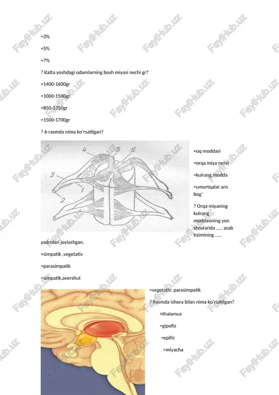 qavatdan xosil buladi +mezodermadan =endodermadan =ektodermadan =barchasidan ? ona qornida rivojlanish davri nima diyiladi +embryonal davr =post embryonal =ovulatsiya =gastrulatsiya ?urug’langan tuxum xujayra nima deyiladi +zigota =spermatazoit =tuxum xujayra =blastula ?yangi tug’ulgan davr necha kunni uz ichiga oladi =12 =13 =10 =16 ? tananing alohida qismlari, diametrlari, doiralari va tana vaznining uzunligini aniqlash nima deyiladi? +antropometriya =tana tuzilishi =beografiya =irsiyat ? yassi oyoqlarning yo'qligi nima =antropometriya =plantografiya =setopateya =xromapateya ? smeshenie organa, to est raspolojenie ego v neobichnom meste chto? =giperplaziya =persistirovanie =ektopiya =avab ? maxsus asboblardan foydalangan holda tananing funktsional ko'rsatkichlarini o'lchash nima deyiladi ? +antropobeometriya =ektopiya =fiziometriya =doktametriya ? birinchi bolalik davri necha kun davom etadi =5-6 =8-10 =4-7 =1-4 ? yurak qon tomir azolari qaysi qavatdan xosil buladi =ektodermadan =mezodermadan =endodermadan =a vab javob to’g’ri ? tishninng emal qavati qaysi qavatdan xosil buladi +ektodermadan =mezodermadan =endodermadan =xammasidan ? urug’lanish davridan to tug’ulguncha bo’gan davir necha bosqichdan iborat …
