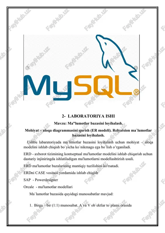 loqa modelini ishlab chiqish bo`yicha ko`nikmaga ega bo`lish o’rganiladi. aviakassa reyslar samolyot turi uchuvchi aeroport registratsiya samoyot turi id nomi max.yuk hajmi 1 yak-42 14,5t 21.68m3 2 it-62 5t 48m3 3 an-12 20t 123.9m3 4 an-22 18000kg 90m3 5 an-26 5.5t 50m3 reyslar id yo’nalish vaqti narxi 1 toshkent-buxoro 14:00 250 000 2 moskva-toshkent 11:00 1 000 000 3 istanbul-toshkent 23:00 5 000 000 4 buxoro-toshkent 08:00 230 000 5 toshkent-xorazm 15:00 280 000 registratsiya id yuk bilet olingan sana pasport 1 25kg 21-sentabr ac5489217 2 20kg 23-sentabr ab1324543 3 30kg 17-sentabr ac7699655 4 18kg 23-sentabr ac4421381 5 20kg 20-sentabr aa5639010 aviakassa id kassir tushlik smena 1 abdiqulova mehribon 12:30 1 2 shodmonov erkin 12;30 2 3 shayzoqovq madina 12:30 1 4 hasanov nodir 12:30 2 5 saydaliyeva dono 12:30 1 uchuvchi id fish tug’ulgan sana tug’ulgan joy 1 hoshimova saidaxon 17.09.2002 namangan 2 akbarov otabek 20.06.2000 toshkent 3 abdivahobova …