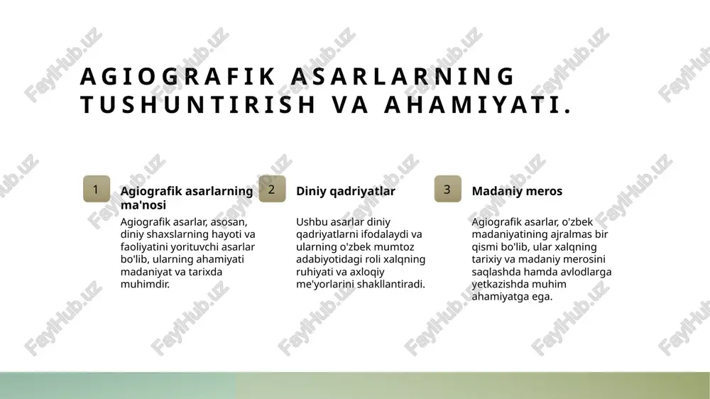 bek mumtoz adabiyotidagi qahramonlari va ularning roli. qahramonlar tahlili ijtimoiy roli tarixiy kontekst o'zbek agiografik asarlaridagi qahramonlar, asosan, diniy shaxslar bo'lib, ularning hayoti va qadriyatlari orqali axloqiy saboqlar beriladi. agiografik qahramonlar, nafaqat diniy qadriyatlarni, balki ijtimoiy adolat, sabr-toqat va rahm-shafqat tushunchalarini ham namoyon etadi. o'zbek mumtoz adabiyotidagi qahramonlar, tarixiy voqealar va ijtimoiy sharoitlar bilan bog'liq bo'lib, ularning ta'siri adabiyotda muhim o'rin tutadi. o'zbek mumtoz adabiyotida agiografik asarlarning tarixi va rivojlanishi. 1 agiografik asarlarning kelib chiqishi o'zbek mumtoz adabiyotida agiografik asarlarning kelib chiqishi, asosan, islom tarixi va diniy an'analar bilan bog'liq. bu asarlar, musulmon shaxslarining hayotini va faoliyatini yoritadi. 2 tarixiy rivojlanish agiografik asarlar o'zbek adabiyotida xiv asrdan boshlab rivojlana boshladi. bunda, mashhur shoirlar va mualliflarning ishtiroki muhim ahamiyatga ega bo'ldi. 3 zamonaviy ta'sir bugungi kunda agiografik asarlar o'zbek madaniyatida muhim o'rin tutadi. ular, tarixiy qadriyatlar va diniy merosni avlodlarga etkazishda yordam beradi. agiografik asarlarning o'zbek mumtoz adabiyotidagi madaniy va axloqiy …