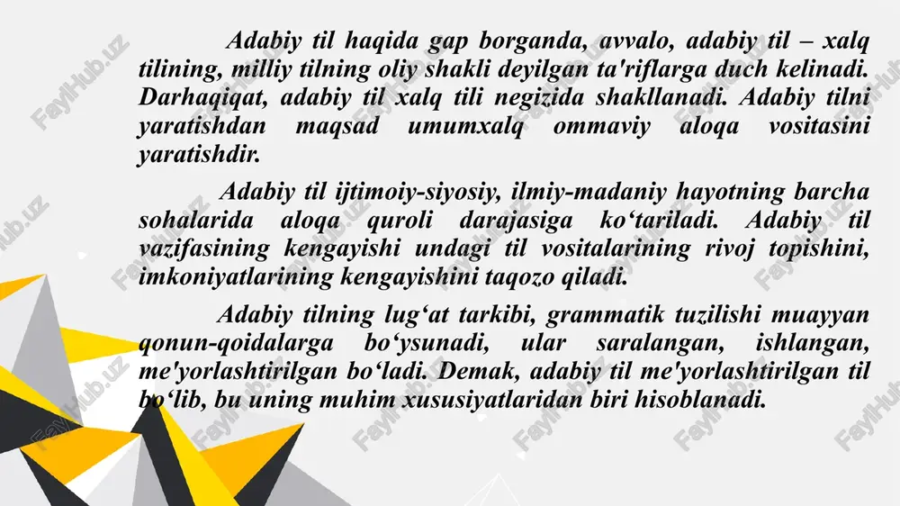 z tarixi davomida turli yozuv shakllaridan foydalanib kelgan. bular: arabcha-o‘zbekcha, lotincha-o‘zbekcha va kirillcha-o‘zbekcha yozuvlardir. adabiy tilning grafik me'yorida o‘zbek tilida mana shu yozuv turlaridan qaysi birini qo‘llash, yozuvda qanday qoidalarga rioya qilish masalasiga aniqlik kiritiladi. fonetik me'yor. fonetik me'yor deganda nutq tovushlarining qo‘llanishi bilan bog‘liq qonun-qoidalar majmui tushuniladi. ma'lumki, hozirgi o‘zbek adabiy tili uchun 6 ta unli, 25 ta undosh tovushning qo‘llanishi me'yor hisoblanadi. ammo yangi va amaldagi alifbodagi ayrim tovushlarning aks etishi bilan bog‘liq nomuvofiqliklar fonetik me'yorning buzilishiga sabab bo‘lmoqda. masalan: qorishiq va sirg‘aluvchi j uchun bir harfning berilishi, ng tovushi uchun kirillcha alifboda harfning yo‘qligi nutq madaniyatiga salbiy ko‘rsatishi tayin. aksentologik me'yor. aksentologik me'yor urg‘uni to‘g‘ri qo‘llash bilan bog‘liq me'yordir. adabiy tilning aksentologik me'yorida har bir so‘zda urg‘uning qo‘llanish o‘rni qat'iy tarzda belgilab beriladi. ma'lumki, so‘zdagi urg‘u ma'no farqlash xususiyatiga ega. urg‘u yordamida yozuvda farqlanmaydigan so‘zlar o‘zaro farqlanadi. buni quyidagi so‘zlar misolida ham kuzatish mumkin: atlas-atlas, fizik-fizik, bosma-bosma, …