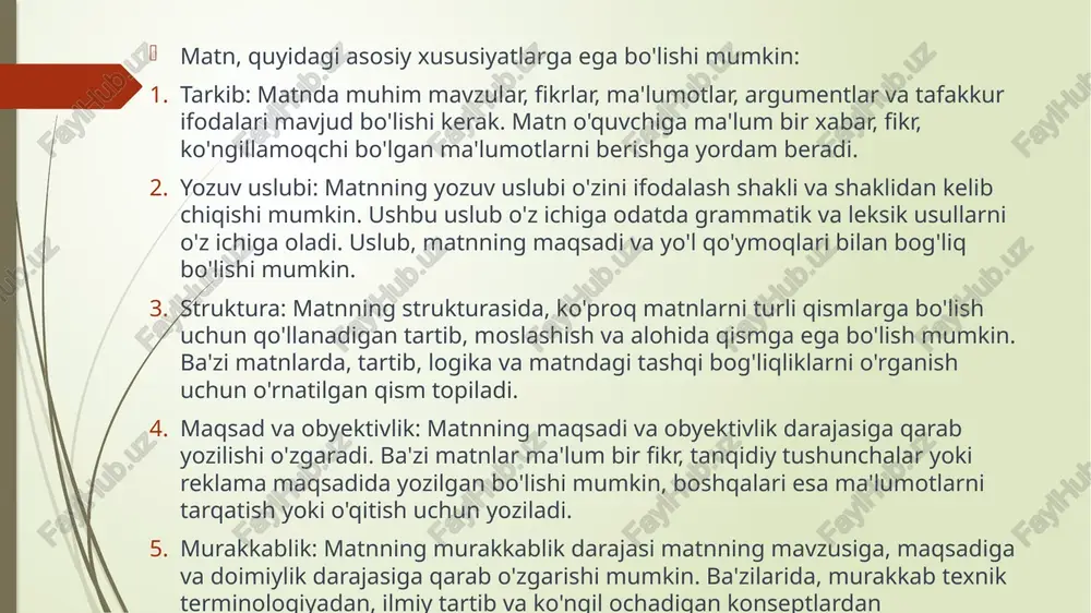 vhalar va quyidagilardan foydalaning. sarlavhalar tarkibni qismlarga ajratish va o'quvchilarga matnni osonlik bilan bo'lishga yordam beradi. har bir sarlavha matndagi muhim bo'lim yoki mavzuni ifodalashi kerak. 3.kirish va yakun: matnning kirish va yakun qismlarini aniq belgilang. kirish matnning qanday mazmuni yo'lga qo'yiladi haqida umumiy tushuncha beradi, yakun esa asosiy nuqtalarni qisqartiradi va tugatish hissiyatini beradi. 4.mantiqiy o'tish: matnni mantiqiy fikrlar o'tishi asosida kichik qismlarga bo'ling. qismlar orasida yumshoq o'tishni ta'minlang, bu o'quvchilarning fikr yoki dalillarning ketishini kuzatishga imkon beradi. 1.belgilash vositalari: matnni belgilash vositalaridan, masalan, mavzu gaplaridan, o'tish iboralaridan va bog'lovchi so'zlaridan foydalaning. ushbu vositalar matndagi qismlar orasidagi munosabatlarni bildirib, muntazamlik yaratishga yordam beradi. 2.uzunlik va tog'rilik: qismlarning uzunligini va to'g'ri bo'lishini o'zlashtiring. o'quvchilarni og'irlashtirishi mumkin bo'lgan juda uzun qismlardan saqlanib turish va har bir qisimning matnni ma'noviy qismlarga bo'lish tamoyillari, matndagi ma'lumotlarni tahlil qilish va matndagi tarkibiy tuzilmalarini tushunishga yordam beradi. matnning tarkibi va ma'naviy qismlari bir matndan boshqasiga …