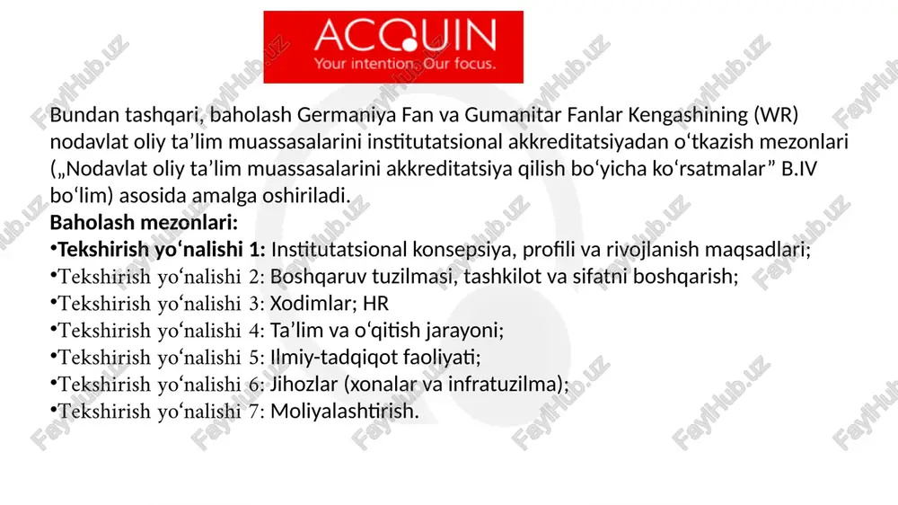 s keladimi? har qanday nomutanosiblik bormi? universitet maqsadlariga kelganda missiya va qarashlarni amalga oshirishda qiyinchiliklarga duch kelayapsizmi? missiya va qarashlarni qanday nazorat qilasiz (ta’lim sifatini ta’minlash uchun muhim)? missiya va qarashlar qay darajada tez-tez qayta ko‘rib chiqiladi? strategik rejalashtirish uchun qanday resurslarga egasiz, masalan, universitet boshqaruv darajasidan? boshqaruv darajasining vazifalari va funksiyalari aniq belgilanganmi? 2.2 boshqaruv, tashkiliy tuzilma va ma’muriyat vakolat va mas’uliyatlar aniq belgilanganmi va majburiy kuchga ega bo‘lgan nizomlarda rasmiy tarzda ifodalanganmi? tashkiliy va boshqaruv tuzilmasi belgilangan maqsad va vazifalarga mos keladimi hamda ushbu tuzilma ta’lim va o‘qitish hamda ilmiy-tadqiqotlarda akademik erkinlikni kafolatlaydimi? universitet a’zolari qaror qabul qilish jarayonlarida yetarlicha ishtirok etadimi; ta’lim va o‘qitish hamda ilmiy-tadqiqotlar bo‘yicha asosiy mas’uliyat professor-o‘qituvchilar zimmasida bo‘lishi kerak; boshqaruv va moliyalashtiruvchi organ bir xil shaxslar tomonidan egallanmasligi lozim; ilmiy-pedagogik xodimlarni yollash qoidalari aniq belgilangan va ilmiy mezonlarga asoslangan bo‘lishi kerak. 2.2 boshqaruv, tashkiliy tuzilma va ma’muriyat oid berilishi mumkin bo‘lgan asosiy namunaviy …