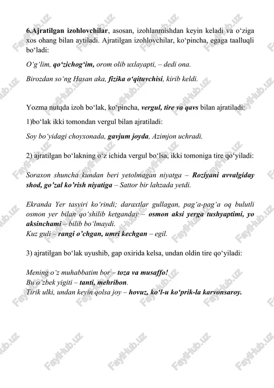 i. gapning barcha bo’laklari ajratilishi mumkin. 1.ajratilgan ega: biz, yoshlar , o’z oldimizga ulkan maqsadlar qo’yganmiz. biz, ushbu xatga imzo chekuvchilar, haq - huquqlarimizni talab qilamiz. dastlabgisi – elektron pochta orqali kelgan maktub ravshan akobirovdan edi. otdoshing – farhod maktabni bitiray deb qoldi. orqada turgan yigit, mamadali , o’zini chetga oldi. 2.ajratilgan to’ldiruvchi: oyimni, ya’ni xosiyat suvonovani , mukofotlashdi. biz, sportchilarga, vatan bayrog’ini yuksak ko’tarish sharaf. ammo muallif bunda o ‘tmish umr sog‘inchi yoxud odatdagi qo‘msov – nostalgiyani maqsad qilgan emas. men faqat o‘zim chizgan suratga, o‘z ijodimga , mehr qo‘yganmen xolos! u qay o‘rinda yos hlik qilgani – xatoga yo‘l qo‘y ganini anglab yetishga kuch topolmayotir. /docprops/thumbnail.emf ajratilgan bo’laklar gapda biror bo‘lakning ma’nosi so‘zlovchi nazarida noaniqroq bo‘ladi va uning ma’nosini aniqroq berish, izohlash maqsadida xuddi shunday boshqa bo‘lakni gapga kiritadi. masalan, men kitobni unga bergandim. ushbu gapda unga to‘ldiruvchisining ma’nosi noaniq. shuning uchun so‘zlovchi aniqroq ma’noli boshqa bir to‘ldiruvchini …