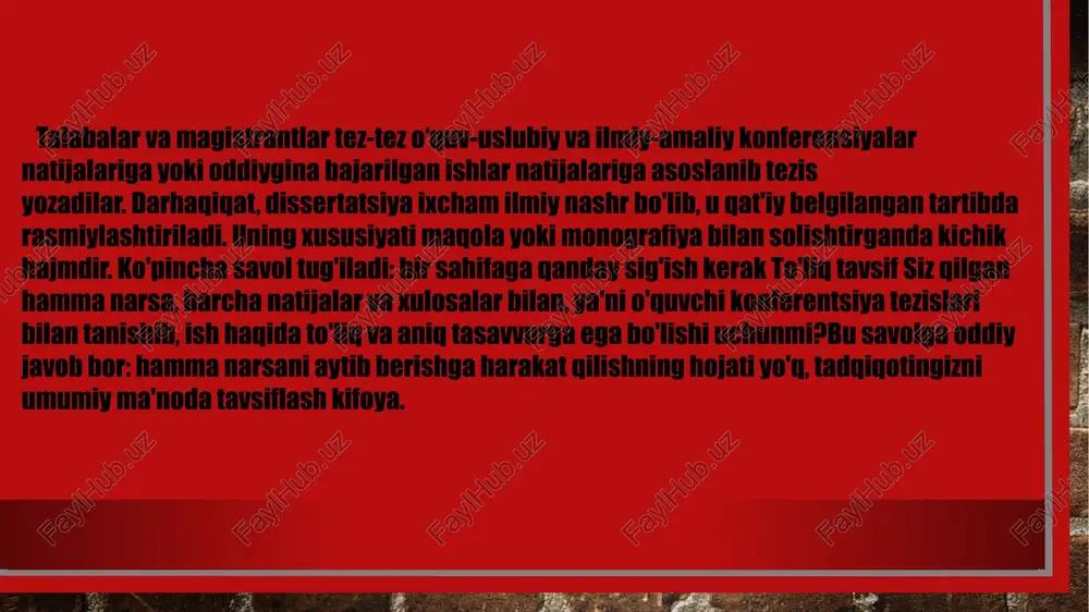 bo'ladi. fundamentallik, birinchi navbatda, sobor an'analarini davom ettirish bilan bog'liq - "psixologiya sohasidagi bilimlar psixologiyasi" yo'nalishidagi ish. amaliy yo'nalish zamonaviy rus jamiyatining muammolari va talablariga jonli munosabat bilan belgilanadi. talabalarimiz metodika muammolarini muhokama qilishdan, “mashhur bo‘lmagan” va qo‘llash qiyin bo‘lgan usullardan, xususan, introspektsiya usulidan qo‘rqmasliklari quvonarli. bir necha yillar davomida vakillik muammosiga katta qiziqish mavjud bo'lib, uni o'rganish yaqinda xotira hodisalarini tahlil qilish bilan to'ldirildi. nutq tuzing va mashq qiling - sizning tilovatingiz o'n besh daqiqa ichida bo'lishi kerak.lug'at ta'riflariga ko'ra, tezis isbotlanadigan taklif yoki tasdiqdir.ma'ruza, maqola yoki boshqa hajmli (odatda matnli) materialning tezislari - bir-biri bilan mantiqiy bog'liq bo'lgan alohida qoidalar to'plami. bunday holda, ko'pincha ularning isboti asosiy (hajmli) nashr matnida sodir bo'ladi, deb taxmin qilinadi.har qanday referat yozishdan asosiy maqsad - mavjud materialni umumlashtirish, uning mohiyatini qisqacha formulalarda berish, nisbatan katta hajmdagi nashr yoki hisobot mazmunini ochib berish; masalani chuqur tushunish, uni tahlil qilish va o'z fikrlarini boshqalarning …