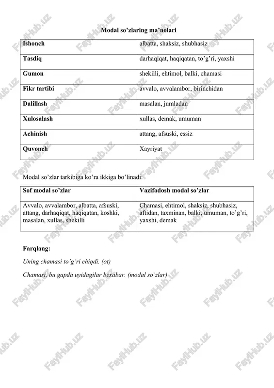 hsh, xix undov so’zlar gapda hech qaysi bo’lak bilan grammatik aloqaga kirishmaydi, shuning uc hun vergul bilan ajratiladi. xo’sh, nima gapingiz bor? kisht, nari tur. agar undov so’zlar undalmalar bilan birga qo’llanilsa, vergul undalmadan keyin qo’yiladi. hoy yigitlar, bu yoqqa kelinglar. oh zolim falak, yiqil boshimga! nutqimizda ishlatiladigan assalomu alaykum , salom, xayr, rahmat, labbay, allo, tashakkur, barakalla , balli kabi so’zlar ham undov so’zlar hisoblanadi. undov so’zlar egalik, kelishik qo’shimchalarini olib otlashish xususiyatiga ega. otlashganda sintaktik vazifa bajara oladi. ohi olamni tutdi. bolaning dod - voyidan qo’rqib ketdim. /docprops/thumbnail.emf alohida olingan so’zlar turkumi i.undov so’zlar : 1.his-hayajon undovlari – insonlarning emotsiyasi, ya’ni his-tuyg’ularini ifodalaydigan so’zlar : oh, eh, o’h, ehhe, urra, yes, o’, e, iye, obbo’, uh, uf his-hayajon undovlari ishtirok etgan gaplar oxiriga undov belgisi qo’yiladi. oh! juda go’zal manzara ekan. eh, u xabarni juda kech eshitibman-da! voy-dod!!! yordam beringlar! ii.buyruq-xitob undovlari – kishilarning diqqatini jalb etish, jonivorlarni …