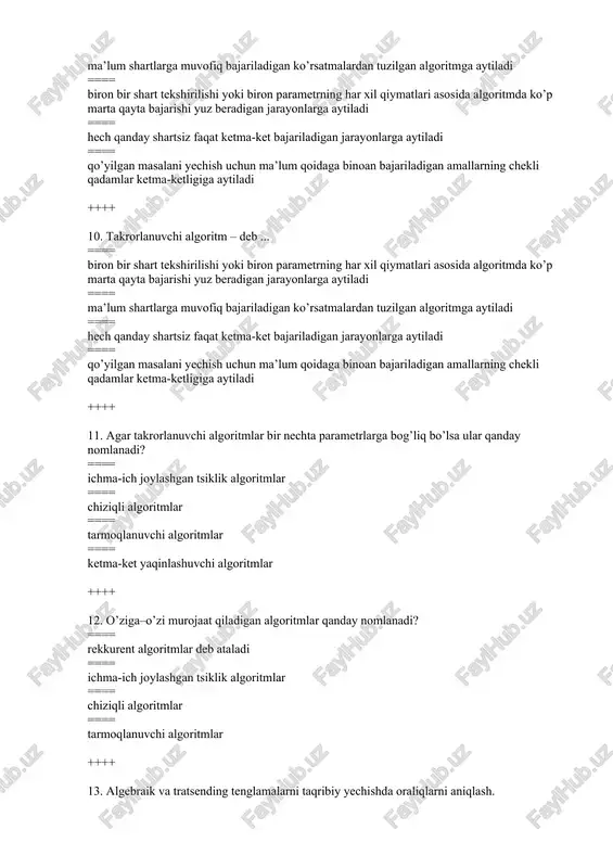 11. agar takrorlanuvchi algoritmlar bir nechta parametrlarga bog’liq bo’lsa ular qanday nomlanadi? ==== ichma-ich joylashgan tsiklik algoritmlar ==== chiziqli algoritmlar ==== tarmoqlanuvchi algoritmlar ==== ketma-ket yaqinlashuvchi algoritmlar ++++ 12. o’ziga–o’zi murojaat qiladigan algoritmlar qanday nomlanadi? ==== rekkurent algoritmlar deb ataladi ==== ichma-ich joylashgan tsiklik algoritmlar ==== chiziqli algoritmlar ==== tarmoqlanuvchi algoritmlar ++++ 13. algebraik va tratsending tenglamalarni taqribiy yechishda oraliqlarni aniqlash. ==== agar biror [a,b] oraliqda y = f(x) funktsiya uzluksiz bo’lib, f(a)*f(b) 0 bo’lsa, shu oraliqda f(x)=0 tenglamaning kamida bitta ildizi mavjud bo’ladi. ==== agar biror [a,b] oraliqda y = f(x) funktsiya uzluksiz bo’lib, f(a)•f(b) 5 bo’lsa. ==== c2=1; w2=21; f2=arctg(3/4) ==== c2=1; w2=6; f2=arctg(1/2) ==== c2=0.8; w2=8; f2=arctg(0.8) ==== c2=1.4; w2=12; f2=arctg(0.75) ++++ 97. jadval funksiya (signal)ning fur’e qatori koeffisentlari hisoblangan. yetakchi garmonikaning amplituda va chastotasi aniqlansin. i: [0; 1; 2; 3; 4; 5] ai: [0.3; 0.0003; 0.0004; 1.2; 0.0002; 0.0007] bi: [-; 0.0001; 0.0002; 0.9; 0.0004; 0.0001] …