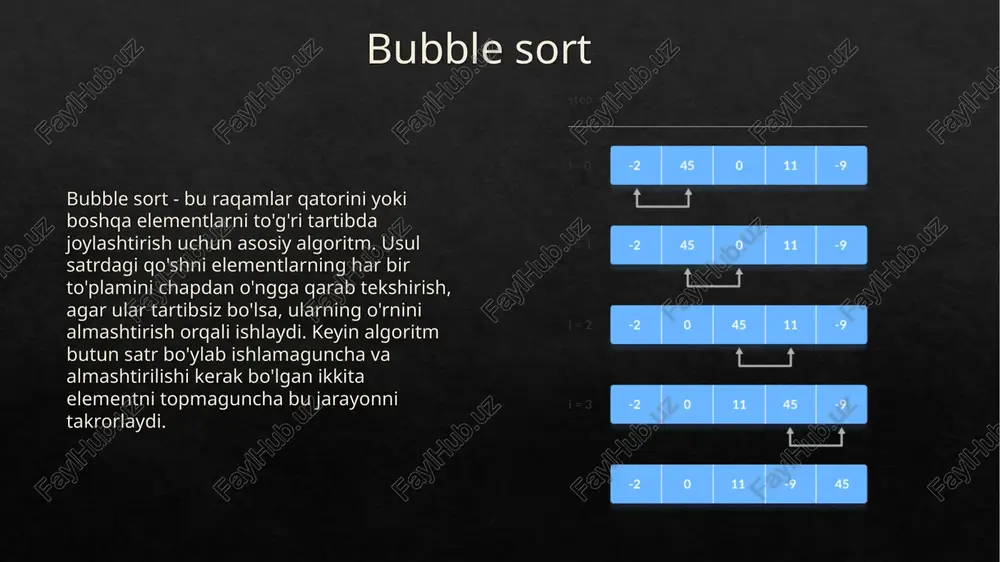 ear_search_builtin([8, 2, 6, 2], 2) == 1 assert linear_search_builtin('zxcbcdefg', 'g') == 8 assert linear_search_builtin('zxcbcdefg', 'y') == -1 assert linear_search_builtin((123, 456, 989), 255) == -1 if __name__ == '__main__': _test() 1. linear search 2. binary search qidiruv algoritmining bu turi saralangan massivdagi ma'lum bir qiymatning o'rnini topish uchun qo'l keladi. algoritm ishni bajarish uchun bo'lish va zabt etish tamoyilidan foydalanadi. va u juda yaxshi ishlaydi - bugungi kunda ikkilik qidiruv o'zining ajoyib tezligi tufayli eng samarali qidiruv algoritmlaridan biri hisoblanadi. bu qanday ishlaydi? ikkilik qidiruv algoritmi massivning o'rtasidan qidirishdan boshlanadi va keyin berilgan ketma-ketlikning pastki yoki yuqori yarmidan pastga tushadi. agar median qiymat maqsadli qiymatdan past bo'lsa, qidiruv yuqoriroq bo'ladi. agar buning teskarisi bo'lsa, algoritm keyingi qatorning kamayib borayotgan qismiga qaraydi. ikkilik qidiruv daraxti tugunga asoslangan daraxt ma'lumotlar tuzilmasi bo'lib, quyidagi xususiyatlarga ega: tugunning chap pastki daraxti faqat tugmachalari tugun kalitidan kichikroq tugunlarni o'z ichiga oladi. o'ng tomonda siz tugun kalitidan …