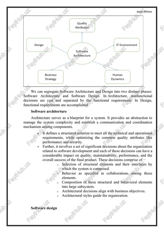 siness risks associated with building a technical solution and builds a bridge between business and technical requirements. some of the other goals are as follows − · expose the structure of the system, but hide its implementation details. · realize all the use-cases and scenarios. · try to address the requirements of various stakeholders. · handle both functional and quality requirements. · reduce the goal of ownership and improve the organization’s market position. · improve quality and functionality offered by the system. · improve external confidence in either the organization or system. limitations software architecture is still an emerging discipline within software engineering. it has the following limitations − · lack of tools and standardized ways to represent architecture. · lack of analysis methods to predict whether architecture will result in an implementation that meets the requirements. · lack of awareness of the importance of architectural design to software development. …