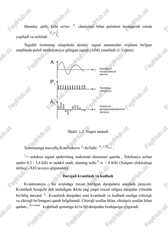 ignallarni kvantlash darajalarini kodlash tartibidan keyin olingan kod guruhining imkoniyatlariga ta'sir qiladi. chiziqli kvantlash va kodlash jarayonini batafsil ko'rib chiqamiz. chiziqli kvantlash bilan signal qiymatlarining butun diapazoni bir qator bir xil subrangjalarga (darajalarga) bo'linadi . har bir daraja o'z kod birikmalariga ega. kodlash jarayonida darajaning pastki va yuqori chegaralari orasidagi har qanday signal qiymati bitta kod kombinatsiyasiga to'g'ri keladi (1. 5-rasm). 1.5-rasmda ko'rib chiqilgan misolda kvantlash darajalari soni sakkizga teng, shuning uchun kodlash paytida har bir kvantlangan signal qiymati uchga teng bo'lgan guruhda ikkilik raqami bo'lgan raqamli kodlar guruhi sifatida namoyish etiladi. yuqorida aytib o'tilganidek, etarli miqdordagi kvantizatsiya darajasi yaxshi uzatish sifatiga mos keladi, bundan tashqari, miqdorni aniqlashda signal-to-shovqin nisbati hisobga olinadi, bu signalni o'zgartirish va uzatish sifatiga ta'sir qiladi. kvantlash va kodlashning chiziqli usullari bilan darajalar sonining ko'payishi kodlar guruhining uzunligi oshishiga olib keladi. misol uchun, 4096 kuantizasyonu darajadagi uchun, guruh bit kengligi beradi bo'lishi 12. zamonaviy dsp, 8 …