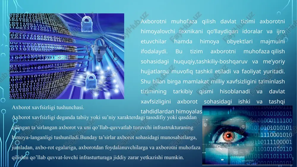 o’nikmalarga ega bo’lishi lozim. axborotni muhofaza qilishning davlat tizimi axborotni muhofaza qilishning davlat tizimi axborotni muhofaza qilish sohasida tashkilotlar faoliyatini litsenziyalash nimtizimini axborotni muhofaza qilish vosinalarini sertifikatsiyasini va axboron xavfsizligi talablari bo’yicha axborotlashtirish obyektlarini attestatsiyasini, kadrlarni tayyorlash,maxsus aloqa tizimlari,ilmiy tadqiqot va tajriba konstruktorlik ishlarini tashkillashtirish tizimlarini o’z ichiga oluvchi murakkab tizimdir. axborotni muhofaza qilishning davlat tizimi ish yuritishi quyidagi qonun,me’yoriy hujjatlar asosida amalga oshiradi: -o’zbekiston respublikasining konstitutsiyasi; -”davlat sirlarini saqlash to’g’risida” gi qonun; -”axborotlashtirish to’g’risida”gi qonun; -”maxsulotlar va xizmatlarni sertifikatsiyalashtirish to’g’risida”gi qonun -”faoliyat ayrim turlarini litsenziyalash to’g’risida”gi qonun -”standartlashtirish to’g’risida”gi qonun -”aloqa to’g’risida”gi qonun ”telekommunikatsiyalar to’g’risida”gi qonun -”axborot olish kafolatlari va erkinligi to’g’risida”gi qonun -”axborot erkinligi prinsiplari va kafolatlari to’g’risida”gi qonun -”elektron hujjat aylanishi to’g’risida”gi qonun; -”elektron raqamli imzo to’g’risida”gi qonun; -”elektron tijorat to’g’risida”gi qonun -o’zbekiston respublikasi prezidentining farmonlari va qarorlari; -o’zbekiston respublikasi vazirlar mahkamasining qarorlari; -axborotni muxofaza qilish sohasidagi vazirlik,muassasa,agentlik va xo’jaliklarning boshqa huquqiy aktlari. e’tiboringgiz uchun rahmat image2.png …