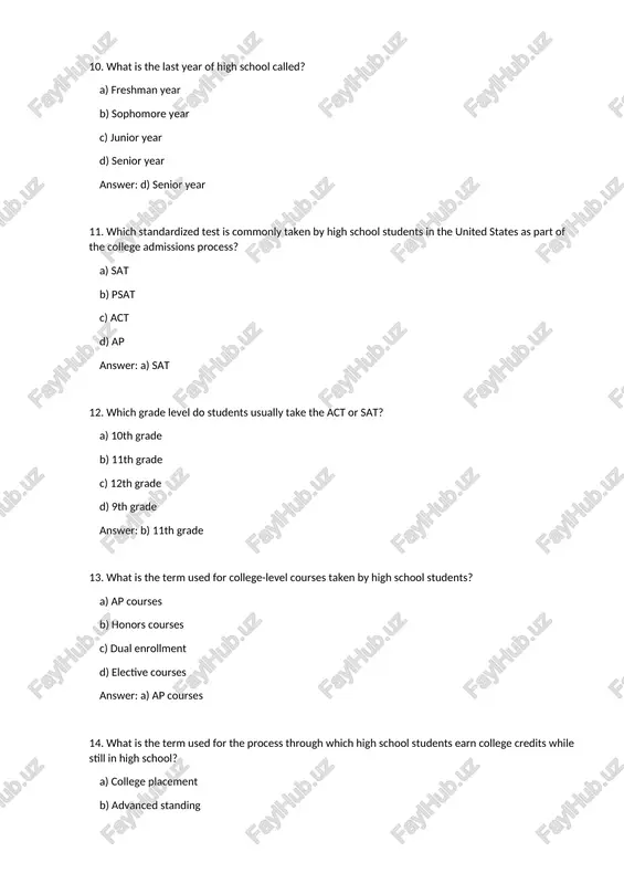 r law? a) associate's degree b) bachelor's degree c) master's degree d) doctoral degree answer: d) doctoral degree 24. what is the term used for education and training provided after completing formal education? a) secondary education b) tertiary education c) vocational education d) continuing education answer: d) continuing education 25. which of the following is not a common type of continuing education program? a) professional development workshops b) graduate certificate programs c) undergraduate degree programs d) online courses answer: c) undergraduate degree programs 26. which of the following is typically not a stage of study in the american education system? a) primary school b) secondary school c) tertiary school d) quaternary school answer: d) quaternary school 27. what is the term used for education provided to children before they enter kindergarten? a) primary education b) preschool education c) elementary education d) secondary education answer: b) preschool education 28. what is …