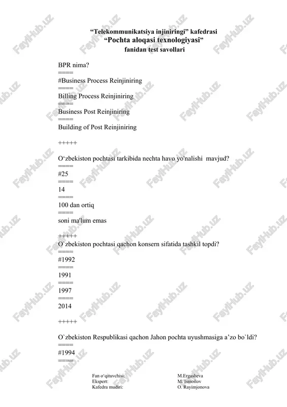 vositalari yordamida xat, davriy nashrlar, joʻnatma, pul va h.k.ni qabul qilib olib joʻnatadigan muassasalar tizimi ==== o’zbekiston pochtasi xalqaro paket xizmatlari ==== naqd pulsiz hisob-kitoblarni amalga oshirish ==== naqd pul asosida hisob-kitoblarni amalga oshirish +++++ pochta aloqasining yuzaga kelishi nima bilan bog’liq? ==== #yozuvning paydo bo’lishi bilan ==== hisob kitob paydo bo'lishi bilan ==== qishloq xo'jaligi rivoji bilan ==== sanoat inqilobi bilan +++++ 16—17-asrlarda qaysi mamlakatlarda markazlashgan qirollik pochtalari paydo boʻldi? ==== #fransiya, shvetsiya, angliya va boshqa mamlakatlarda ==== yunoniston, eron, misr, xitoy va rim ==== ispaniya , rim, angliya ==== mesopotamiya, eron, hindiston +++++ nechanchi yilda avstriyada pochta kartochkasi joriy etildi? ==== #1869-yilda ==== 1867-yilda ==== 1745-yilda ==== 1945-yilda +++++ 1874-yilda nechta mamlakat ishtirokida l-xalqaro pochta kongressi oʻtkazildi? ==== #22ta ==== 25ta ==== 27ta ==== 35ta +++++ nechanchi yilda jahon pochta ittifoqi konvensiyasi qabul qilindi? ==== #1978-yilda ==== 1732-yilda ==== 1976-yilda ==== 1945-yilda +++++ upt nima? ==== #upt xalqaro …