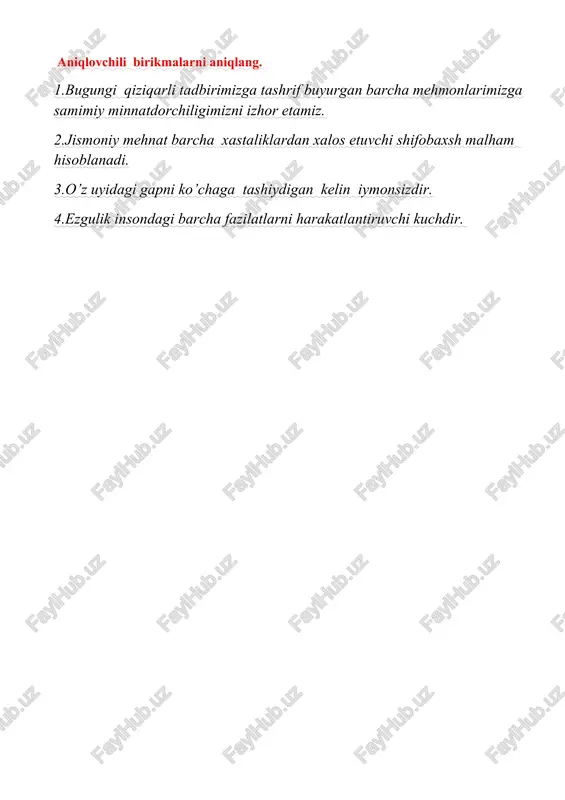 uzoq taqillatdik. zumrad bahor yaqinlashmoqda. atrofdagi voqealarga befarq qarab turolmayman. sifat: odobli bola elga manzur. katta hovlida bir o’zi yasharkan. kechagi voqea sizga ibrat bo’lsin. erta turishlik – yaxshi odat. son: ikkala yigit anchagacha kelisha olmay yurishdi. men sizga uchta dalilni aytaman. olmosh: bu cholni mahallada hamma hurmat qiladi. hamma gapdan xabarim bor.
