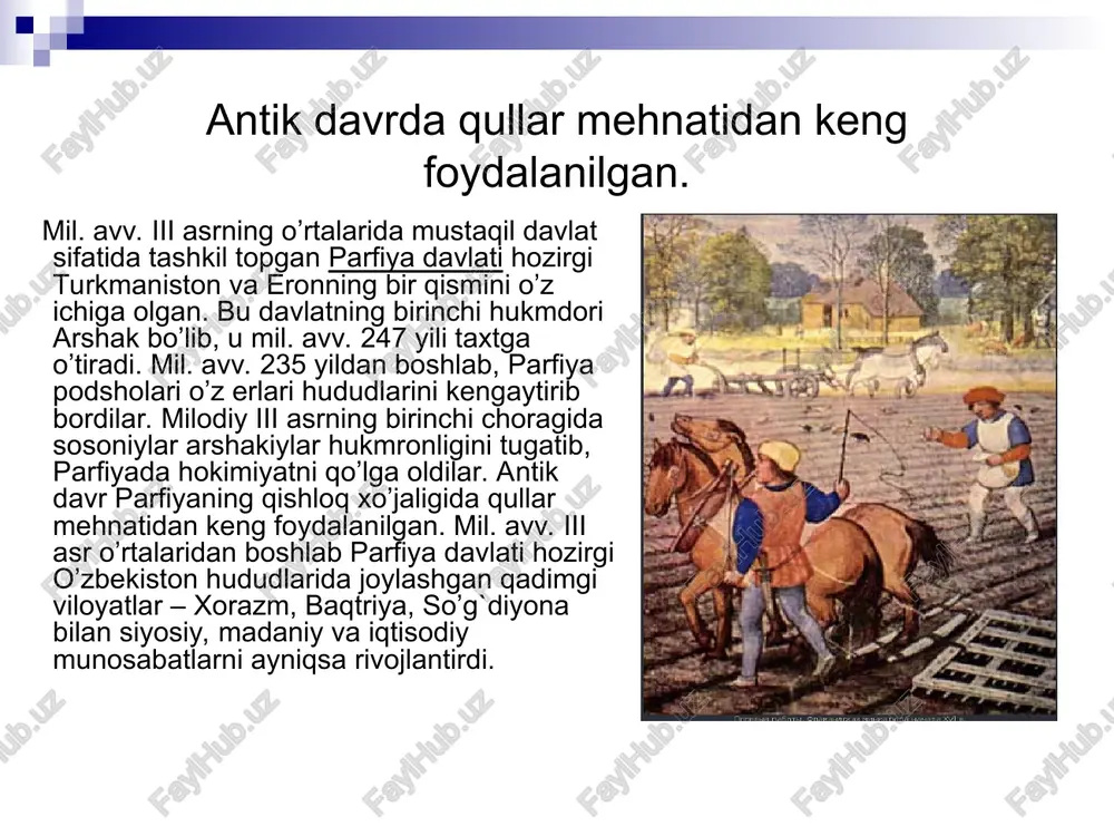 o’rta osiyo xalqlari moddiy va ma’naviy madaniyatida jiddiy o’zgarishlar sodir bo’ldi. mil. avv. iv-ii asrlar oromiy yozuvi asosida xorazm, parfiya va so’g`d yozuvlari paydo bo’ldi. kushon davriga kelib yana bir yozuv-kushon (baqtriya) yozuvi shakllanadi. dehqonchilik va chorvachilik. . hunarmandchilik: kulolchilik, to’qimachilik,metallsozlik, zargarli, toshtaroshlik, shishasozlik. shahar me’morchiligi: turor joylar, saroylar, ibodatxonalar.vima kadfiz davrida pul isloxati va tovar-pul munosabatlari.ichki va tashqi savdo. diniy e’tiqodlar va ko’mish marosimlari. dalvarzintepa, ko’xna termiz va kampirtepa nauslari. qadimgi baqtriyada buddaviylik dinining tarqalishi. qoratepa, fayoztepa, ayritom va dalvarzintepa buddaviylik ibodatxonalari. kushonlar davri baqtriya madaniyatini shakllanishida ko’chmanchi qabilalarning, ellin va hind-ganxar buddaviylik madaniyatlarining o’rni. kushonlar davri san’ati: devoriy suratlar, monumental xaykaltaroshlik, terrakota xaykalchalari. kushonlar davri baqtriyasi madaniyatining jahon tsivilizatsiyasida tutgan o’rni. qadimgi sug’diyona antik davrida. sug’diyona haqida yozma manbalar. nautaka va ksenippa. ·adimgi sug’diyona shahar va qishloqlari: afrosiyob, erqo’rg’on, buxoro,kitob, qalai zoxaki maron, romishtepa, varaxsha, qo’rg’ontepa va boshqalar. shahar me’morchiligi: turor joylar, saroy va ibodatxonalar. yirik sun’iy sug’orish …