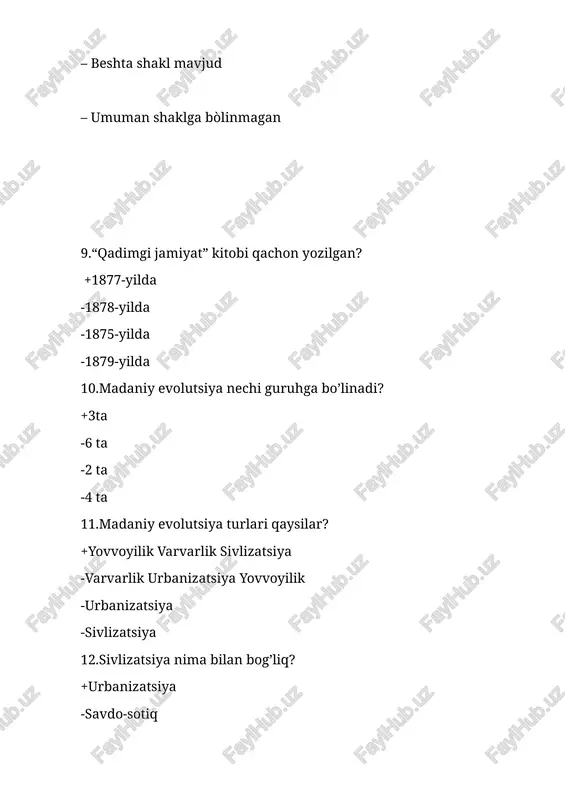 hagan +1924— 2014 -1918-2002 -1923-1999 -1920-2000 34.annallar maktabining uchinchi avlodi, uning asosiy vakili +a emmanuel le roi laduri -le goff -jak le xof -f. brodel 35.struktralizm va funksionalizm nazariyasi asoschisi? +a.r. braun. -l.g morgan -l uayt -a. bastian 36.xx asrning 40 yillarida tatqiqotlar olib borgan professer lesli uaytga tegishli asar + "madaniyat haqida fan" - "qayg'uli soqmoqlar" - " tarixlar ulusi" - "gotelizm bugu" 37.luis morganning qaysi asari ibtidoiy davr tarixini oʻrganishda qimmatli manbalardan biri hisoblanadi? +qadimgi jamiyat -qadimgi odamlar -qon qarindoshchilik -qadimgi madaniyat 38.lyuis morgan qaysi qabilalar orasida 40 yildan oshiq yashab ularning hayotni oʻrgandi ? + hind irokezlar - mayyalar -ortukurenlar -barchasi toʻri 39.ibtidoiy jamiyatda bir urugʻ yoki jamoa aʼzolari orasida jinsiy munosabatning taqiqlanganligi bu..? + ekzogamiya -endogamiya -ortokuzen -avaunkulat 40.endogamiya bu ...? +bironta ijtimoiy guruxning oʻz ichidan uylanishi taqazo etuvchi odat -ibtidoiy jamiatda bir urugʻ yoki jamoa aʼzolari orasida jinsiy munosabatlar taqiqlagani -a.b javoblar toʻri -ortokuzen nikoh …