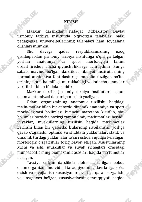 rning o’zaro munosabatlarini, organizmning bir butunligini hisobga olmasdan, faqat dalillarni to’plash bilan chegaralangan. hozirgi zamon anatomiyasi organizmning yagona sistema ekanligini, uning tashqi muhit bilan chambar-chas bog’liqligini, a’zolarning shakli bilan funksiyasining bir-biriga bevosita aloqador ekanligini nazarda tutadi. anatomiya fani o’z oldiga qo’ygan maqsadlariga ko’ra bir necha bo’limlarga bo’linadi. odam organizmi tuzilishi, rivoj-lanish xususiyatlarini evolyutsion nuqtai nazardan – filogeneziga taqqoslagan holda hamda odam holatiga o’tish jarayoni – antropogenezini solishtirma anatomiya o’rganadi. organizmning paydo bo’lishini, tug’ilguncha ona qornida o’sib, rivojlanib, toki tug’ilguncha bo’lgan davrni embriologiya fani o’rgansa, tug’ilgandan boshlab to hayotining oxirigacha bo’lgan davrni «yoshga qarab» anatomiya shug’ullanadi. anatomiya shu bilan birga a’zolarning joylashish xususi-yatlarini, ularning o’zaro munosabatlarini, chegaralarini, proek-siyasini topografik anatomiya o’rganadi. organizmning shaklla-nishi va rivojlanishiga, shuningdek, odamlar yashab turgan mu-hitning iqlimiy-geografik sharoiti, ijtimoiy tuzum kabi omil-larning ta’sirini o’rganishi bilan antropologiya shug’ullanadi. odam organizmi a’zolarining tuzilishi ularning bajara-digan vazifasiga bog’liq holda tekshirish fuksional anatomiya fanining vazifasidir. a’zolarning ichki tuzilishini, ularni tashkil qilgan …