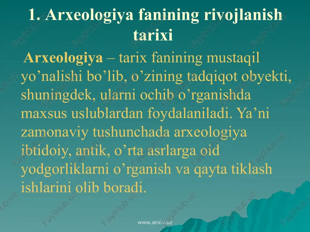 rxiv.uz afrosiyob, ulug’bek rasadxonasi va poykand xarobalarida dastlabki qazuv ishlari olib borilgan www.arxiv.uz v.l. vyatkin afrosiyob xarobasini (1925, 1929-30), b.p. denike qadimgi termizni (1926-27), m.ye. masson ohangaron vodiysini (1925-28), ayritom xarobalarini (1932-33), qadimgi termizni (1936-38), a.yu. yakubovskiy zarafshon vodiysini (1934, 1939), v.a. shishkin tali barzu (1936-38) va varaxshani (1936-39), s.p. tolstov va ya.g’. g’ulomov qadimgi xorazm vohasida (1937-50), a.p. okladnikov teshiktosh va machay g’orlarini (1938-39), v.v. grigorev qovunchitepa xarobalarini qazib o’rgandilar www.arxiv.uz 1940 yilda o’rta osiyo davlat universitetining tarix fakulteti bazasida m.ye. massonning tashabbusi bilan o’rta osiyo arxeologiyasi kafedrasi tashkil etiladi www.arxiv.uz kafedra bazasida 1963 yilda qashqadaryo vohasining yuqori qismini tadqiq etish uchun kesh arxeologik-topografik ekspeditsiyasi tashkil etiladi www.arxiv.uz 1970 yilda o’zr fa arxeologiya institutining tashkil etilishi arxeologik tadqiqotlarning ko’lamini yanada kengaytirdi www.arxiv.uz 2001 yil 24 oktabrda termiz arxeologiya muzeyi termiz shahrining 2500 yilligi munosabati bilan (2 aprel 2002 yil) tashkil etildi. ushbu muzey o’rta osiyodagi yagona mutaxassislashtirilgan muzey hisoblanadi …