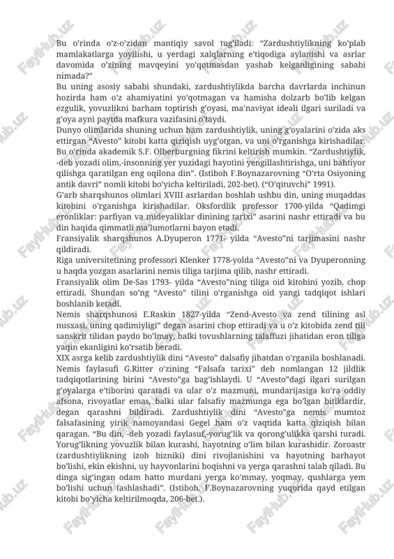 qada ko’pxudolikka e’tiqod qilish mavjud bo’lganki, bu turli qabilalar o’rtasidagi nizo, qarama-qarshiliklar va buning negizida o’zaro to’qnashuv, urushlar tez-tez sodir bo’lib turgan. shunga ko’ra bu davrda qabila, elatlar o’rtasida o’zaro hamkorlik, hamjihatlik aloqalarini o’rnatish, barqaror tinchlikka erishish hayotiy ehtiyojga aylangan edi. mazkur ehtiyojni jumladan ko’p anglab yetgan zardusht bo’ladi. u doimiy bir-biridan xavfsirab yashaydigan urug’-elat, qabilalarni o’zaro birlashtirib, yagona davlatchilikka erishishning asosiy yo’li-bu yakkaxudolikka o’tish ekanligini chuqur anglab yetadi va o’z umrini ana shu g’oyat qiyin ishni ro’yobga chiqarishga bag’ishlaydi va buning uddasidan chiqadi. manbalarda qayd etilishicha, u ana shu maqsad yo’lida qurbon bo’ladi. zardushtiylik markaziy osiyodan keyinchalik yakkaxudolik dini sifatida boshqa mamlakatlarga, hindiston, janubi-g’arbiy osiyo, xususan eron, ozarbayjon, armanistonga tarqaladi. taniqli o’zbek olimasi fozila sulaymonova zardushtiylikning, shuningdek, yunonistonda, kichik osiyo va ioniya ham keng tarqalganligini ta’kidlaydi va o’zining fikrini yetarli dalillar bilan asoslab beradi. olimaning ta’kidlashicha, eradan avvalgi vi asrga kelib yunonlar eroniylar bilan yaqindan aloqada bo’la boshlagach, markaziy …