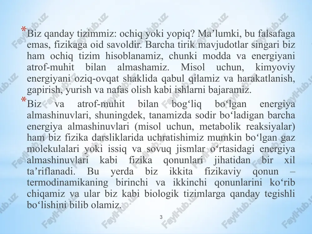 holatining o'zga-rishidir izoterma izobara bosim temperatura hajm 8 jarayonlarning turlari jarayon nomi ta’rif o’z-o’zicha boradian o’z-o’zicha boramaydian qaytmas sistemada yuz beradigan jarayon atrof-muhit aralashuvisiz sodir bo’ladi qaytar jarayon uchun zarur bo'lgan issiqlik atrof-muhitdan olinadi jarayondan so'ng sistema va atrof-muhit o’zining oldingi holatiga o’zgarishsiz qaytmaydi jarayondan so'ng sistema va atrof-muhit o’zining oldingi holatiga o’zgarishsiz qaytadi 9 qaytar jarayonlar agar jarayon davomida sistema va atrof-muhit avvalgi holatiga qaytarilishi mumkin bo'lsa, u holda jarayon qaytar jarayon deb nomlanadi. misol: gazning idishda ishqalanishsiz kengayishi. ishqalanish sharoitida, avvalgi holatga o'tish uchun ish sarflash kerak, bu esa atrof-muhit energiyasining o'zgarishiga olib keladi va jarayon orqaga qaytarilmaydi. qaytar jarayonda bajarilgan ishlar maksimal hisoblanadi. ish issiqlik issiqlik 10 qaytmas jarayonlar agar jarayon davomida sistemalar va atrof-muhit o'zgarishsiz avvalgi holatiga qaytarilmasa, bunday jarayonlar qaytmas jarayonlar deb nomlanadi. qaytmaydigan barcha jarayonlarda ish issiqqa aylanadi. qaytmaydigan barcha jarayonlarda termodinamik parametrlar (t, p) tenglashtiriladi. sistema muvozanat holatiga keladi. masalan: energiyaning muhitga issiqlik …